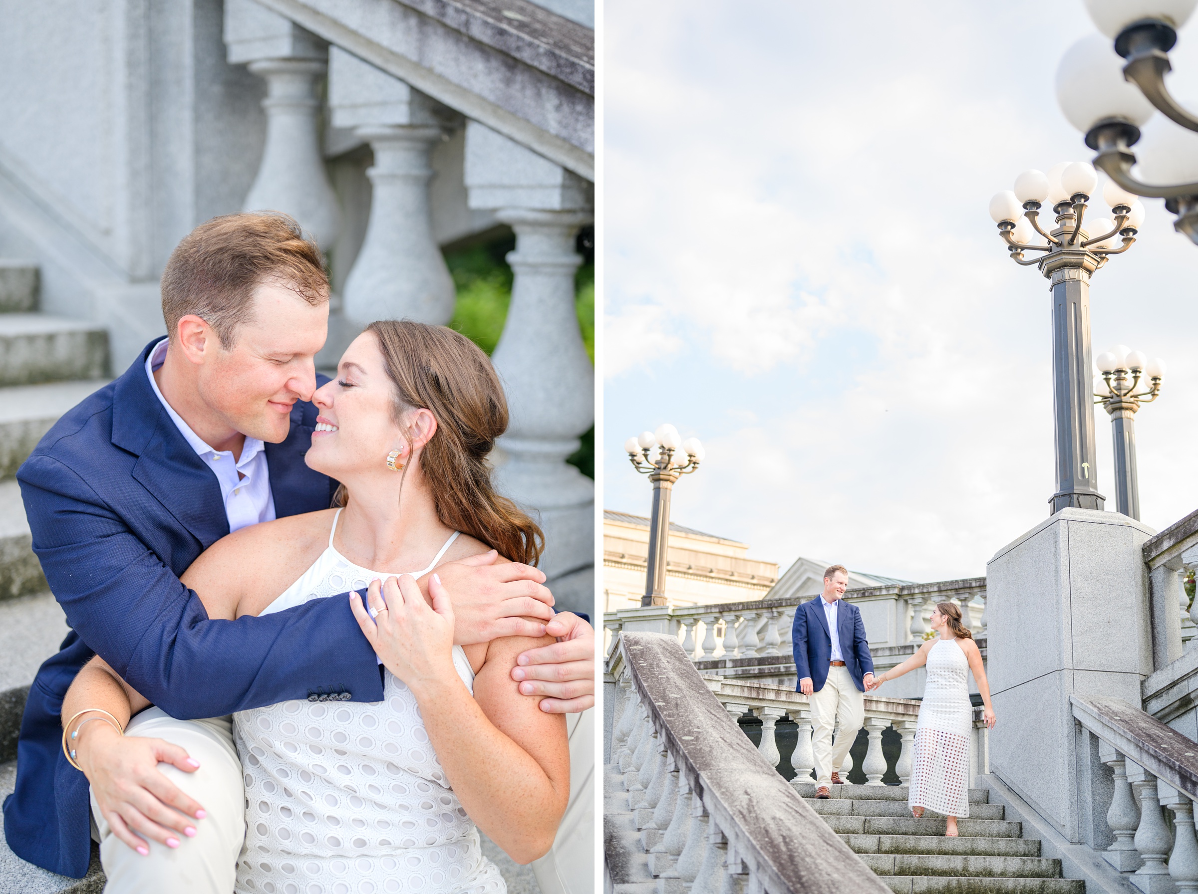 Engaged couple at the Pennsylvania State Capitol for their summer engagement session photographed by Baltimore Wedding Photographer Cait Kramer Photography.