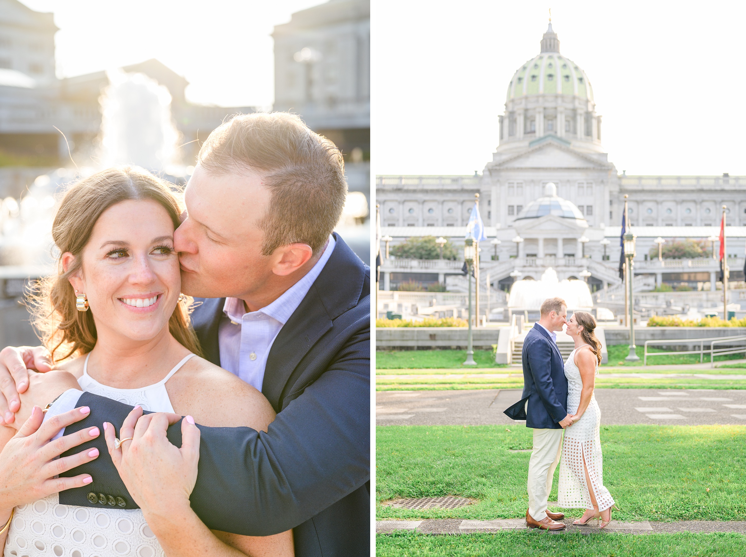 Engaged couple at the Pennsylvania State Capitol for their summer engagement session photographed by Baltimore Wedding Photographer Cait Kramer Photography.