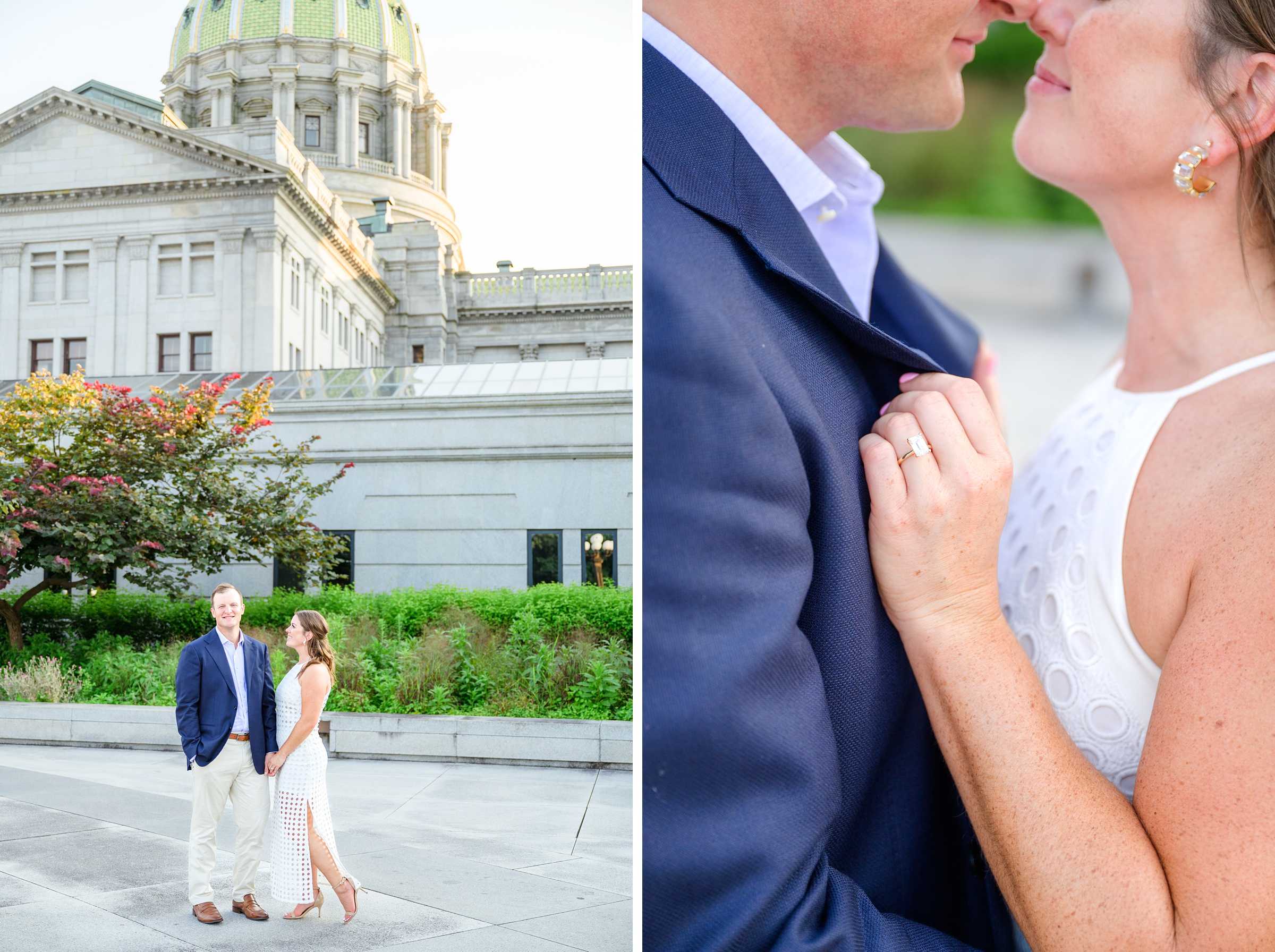 Engaged couple at the Pennsylvania State Capitol for their summer engagement session photographed by Baltimore Wedding Photographer Cait Kramer Photography.