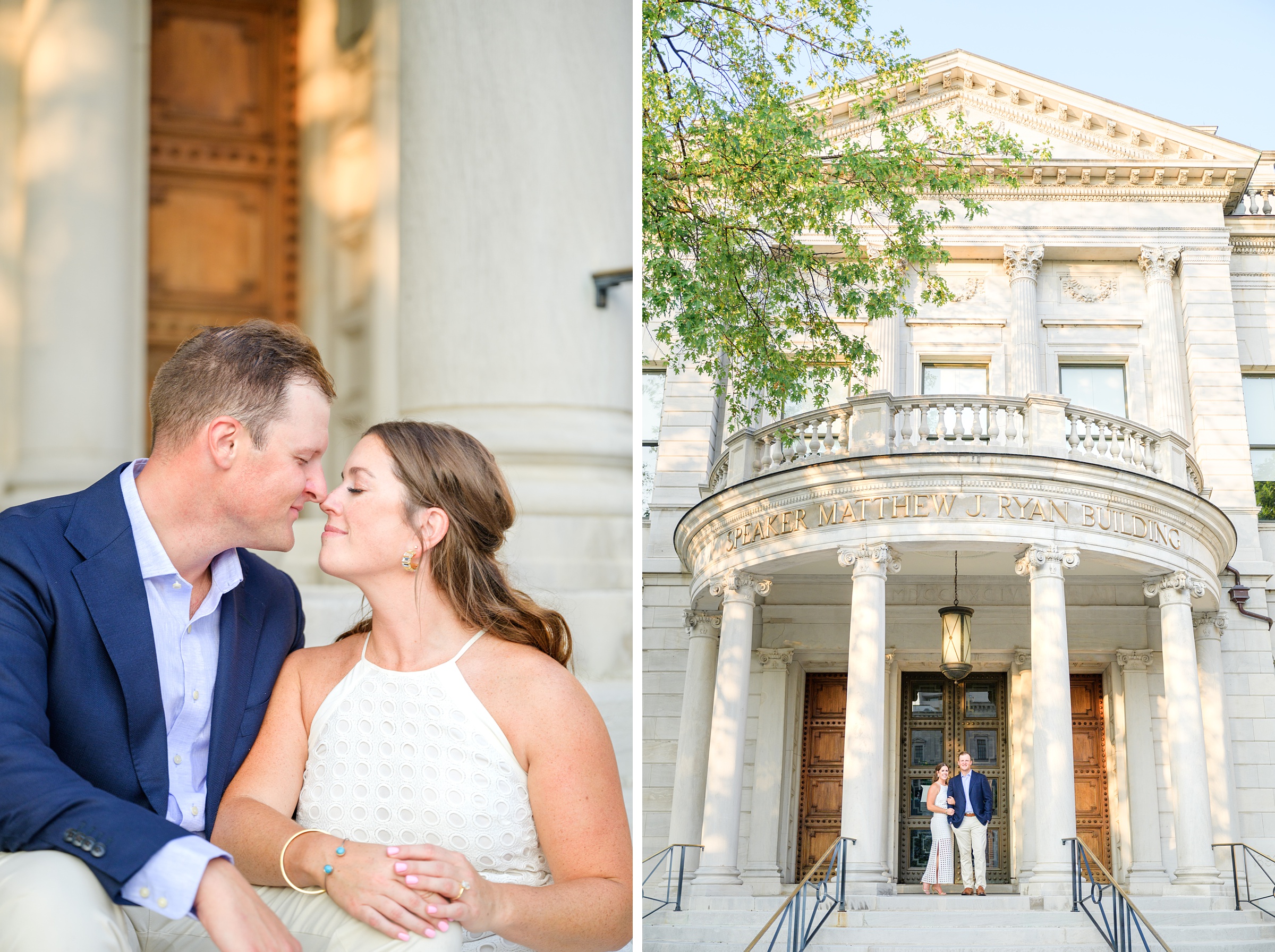 Engaged couple at the Pennsylvania State Capitol for their summer engagement session photographed by Baltimore Wedding Photographer Cait Kramer Photography.