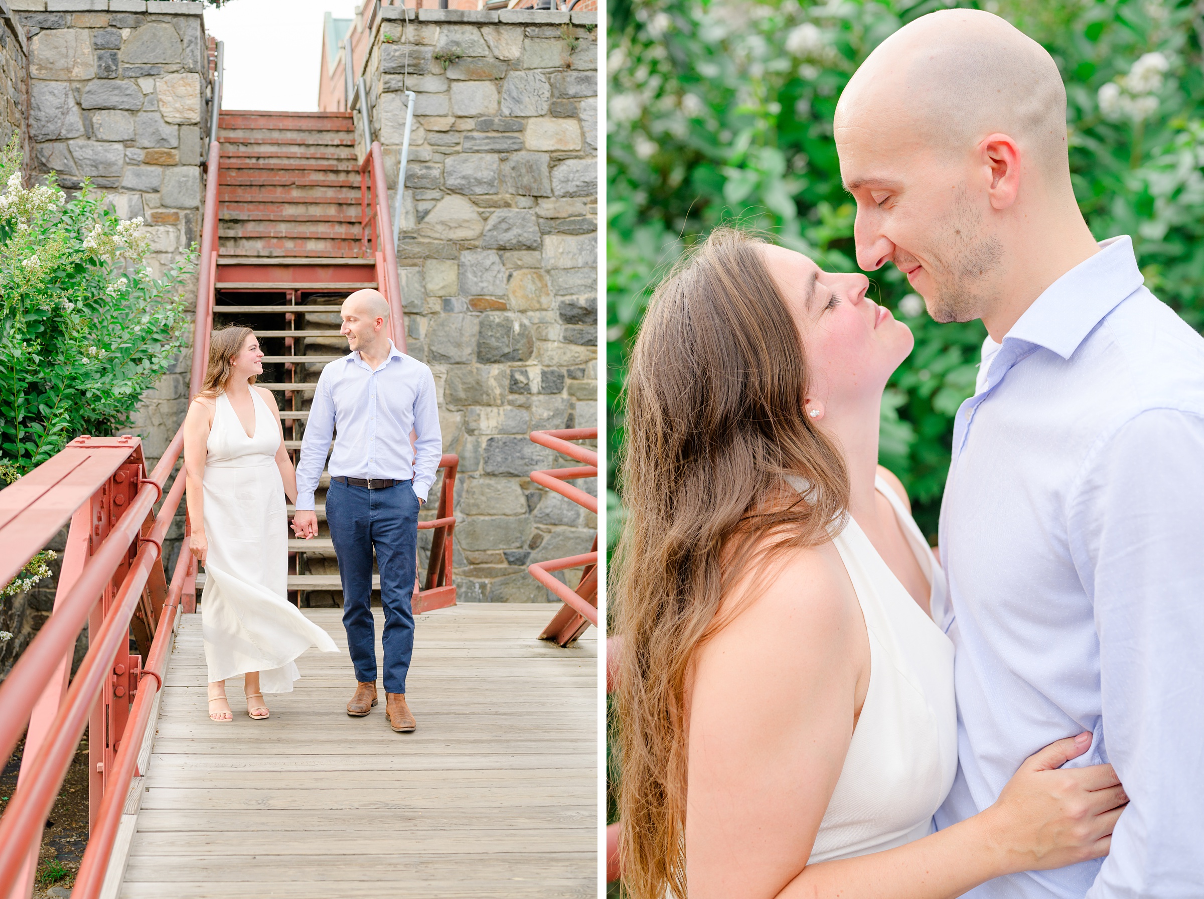 Engaged coupled at the Georgetown Canal for their summer engagement session photographed by Baltimore Wedding Photographer Cait Kramer.