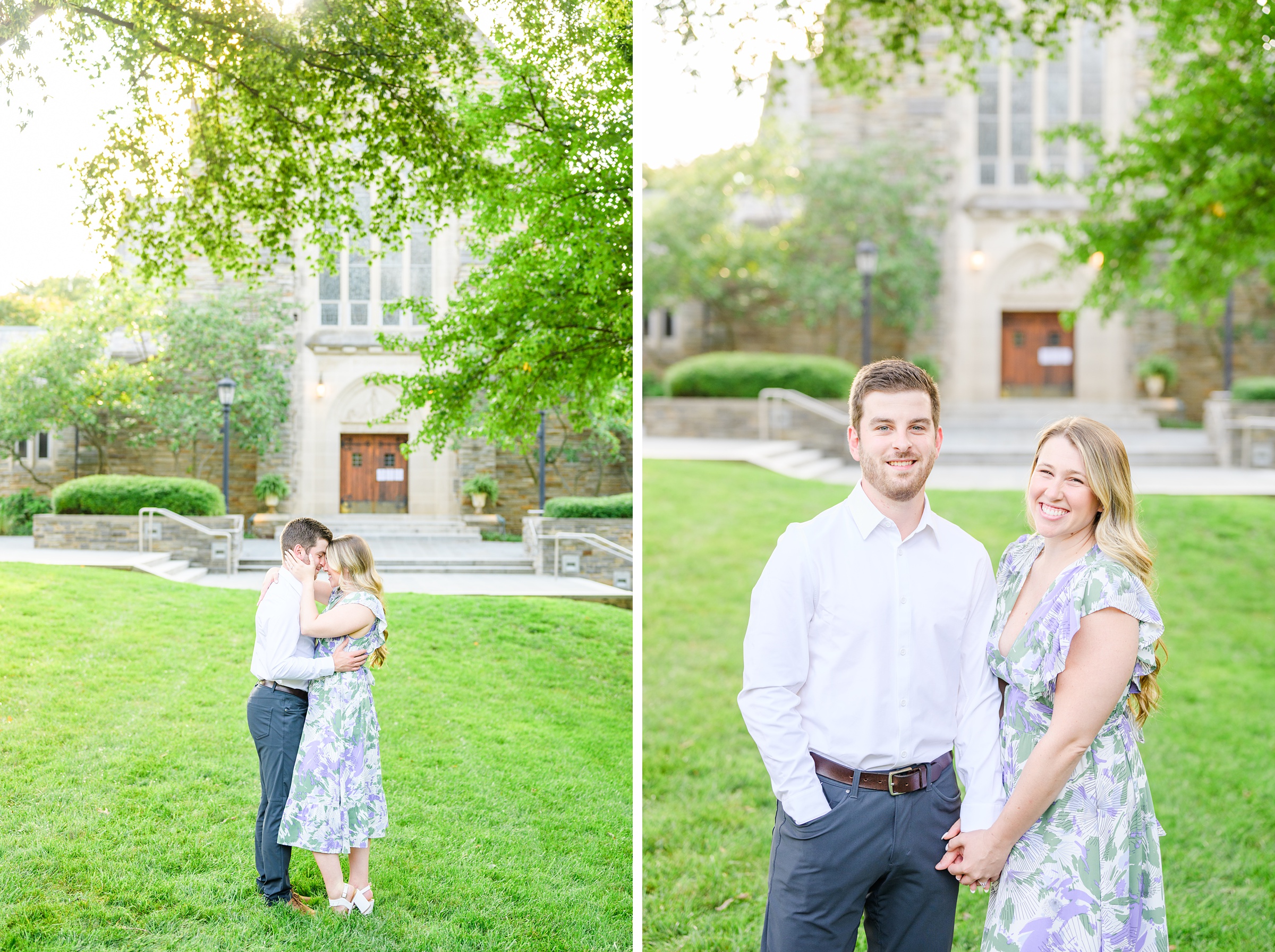 Engaged couple at the Loyola University Maryland campus for their summer engagement session in Baltimore, MD photographed by Baltimore Wedding Photographer Cait Kramer Photography