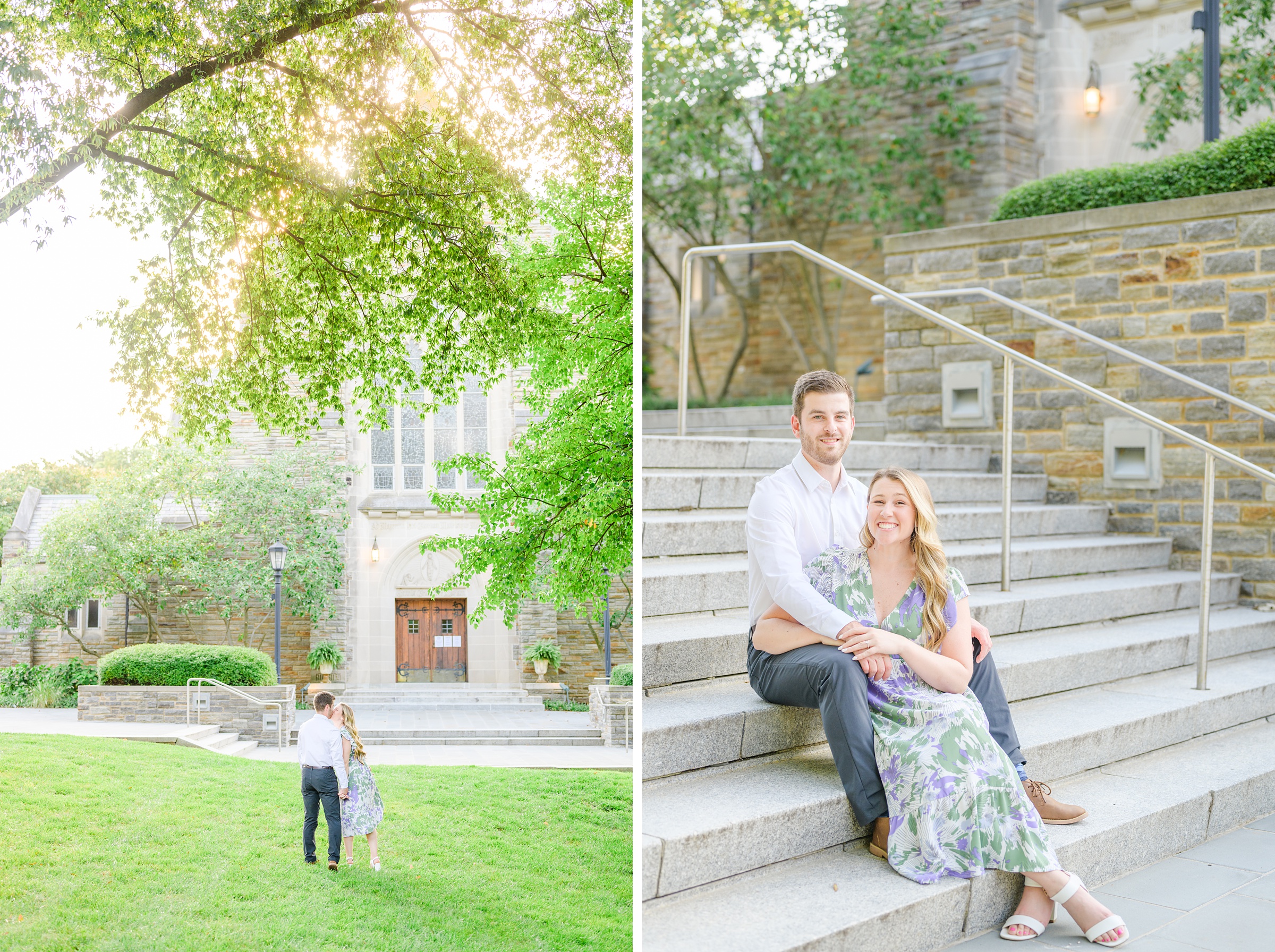 Engaged couple at the Loyola University Maryland campus for their summer engagement session in Baltimore, MD photographed by Baltimore Wedding Photographer Cait Kramer Photography