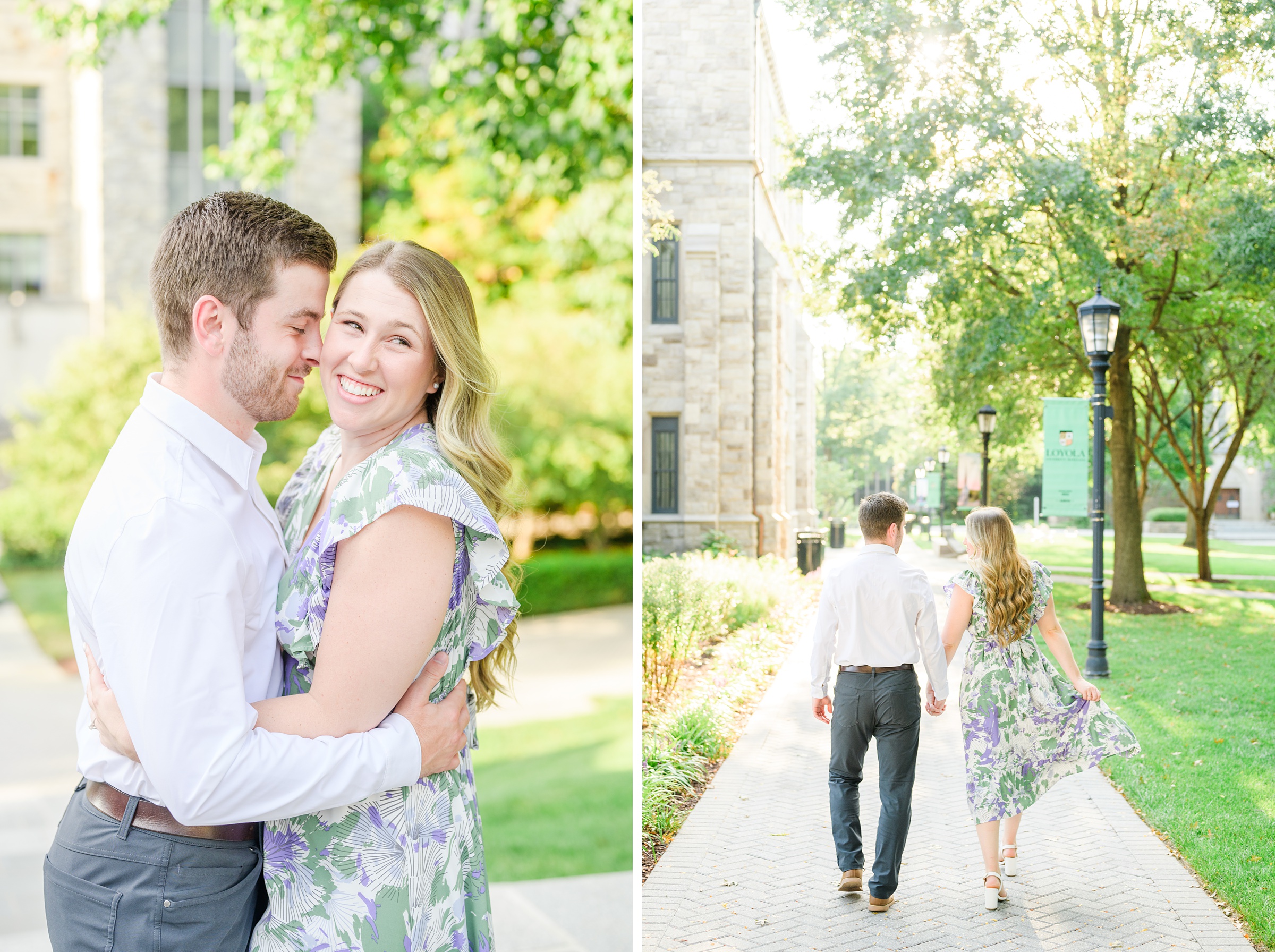 Engaged couple at the Loyola University Maryland campus for their summer engagement session in Baltimore, MD photographed by Baltimore Wedding Photographer Cait Kramer Photography