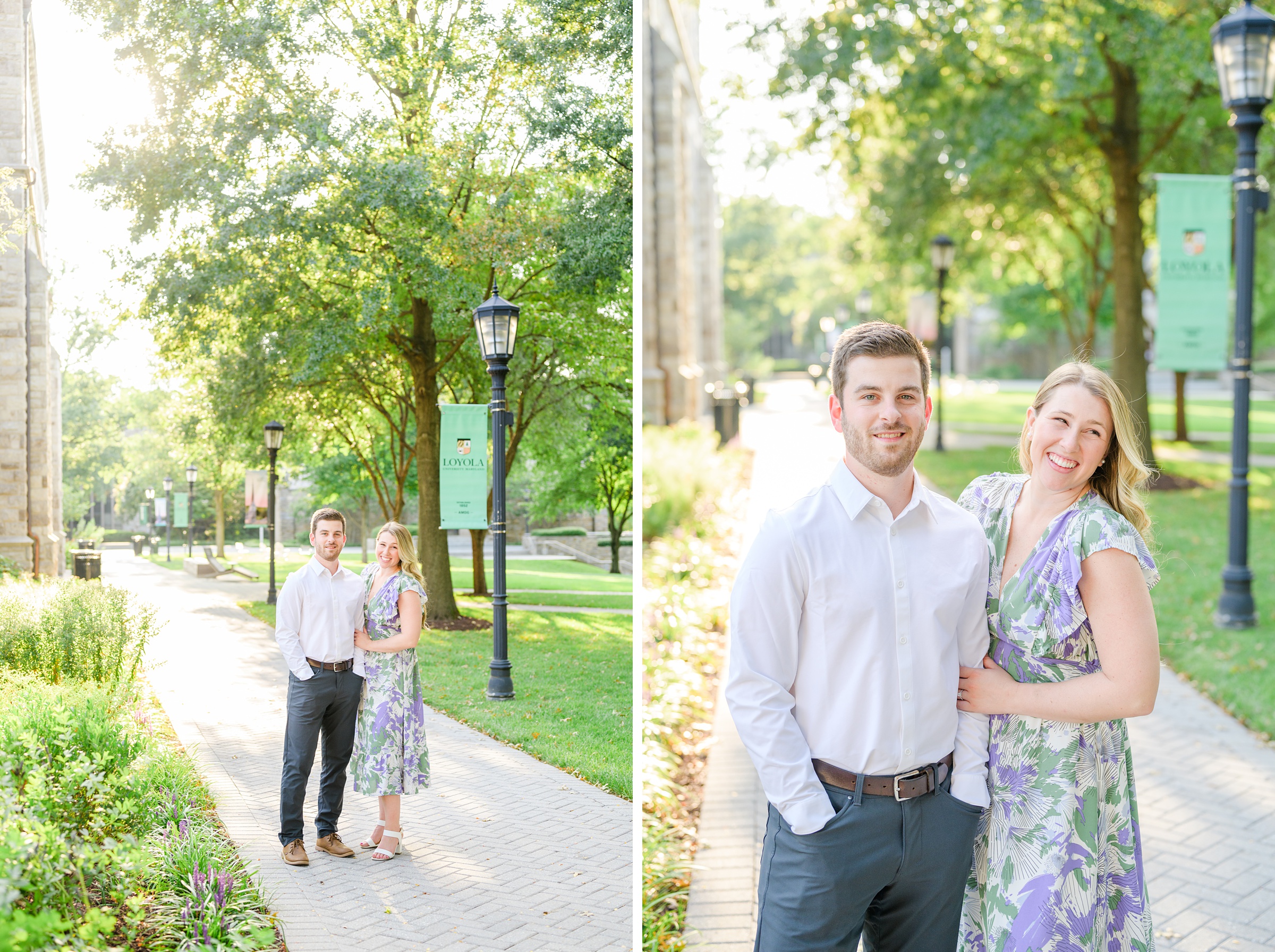 Engaged couple at the Loyola University Maryland campus for their summer engagement session in Baltimore, MD photographed by Baltimore Wedding Photographer Cait Kramer Photography