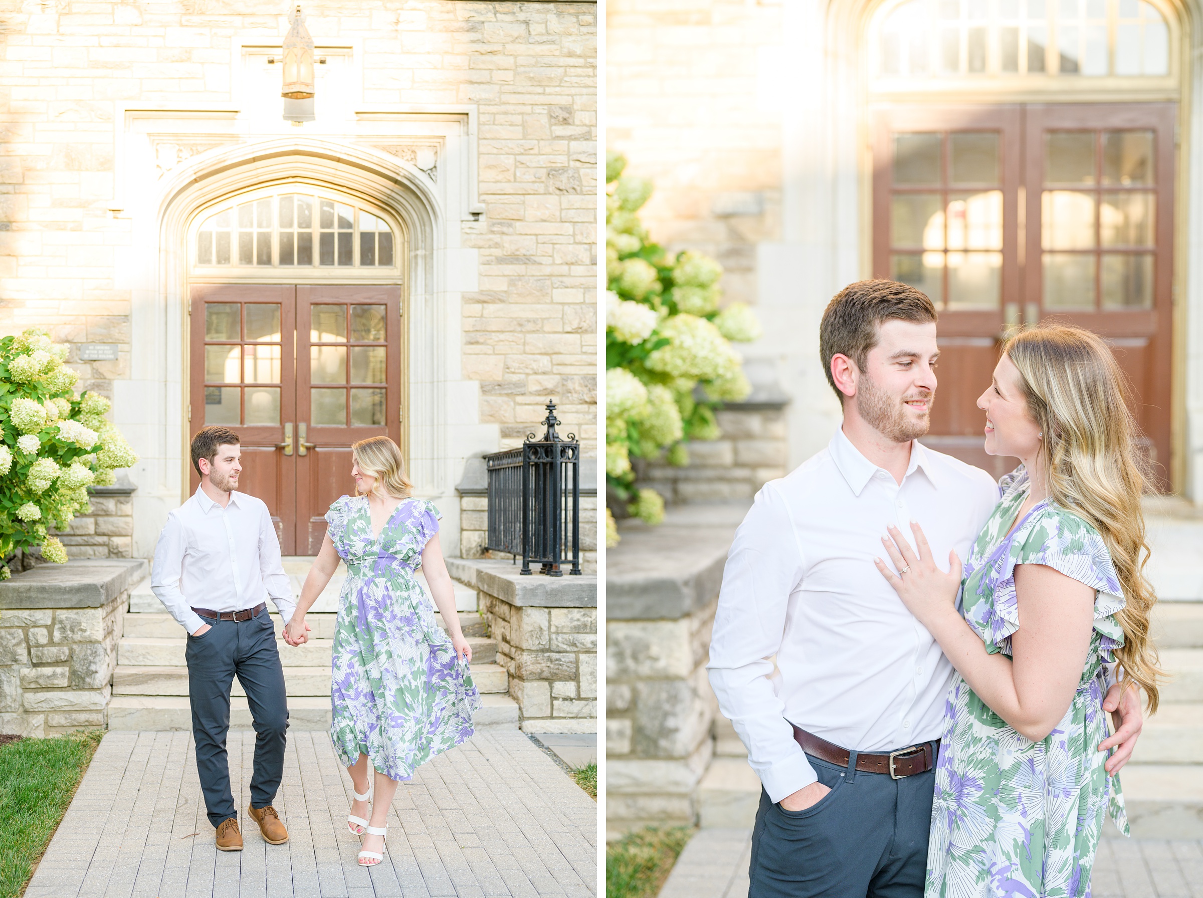 Engaged couple at the Loyola University Maryland campus for their summer engagement session in Baltimore, MD photographed by Baltimore Wedding Photographer Cait Kramer Photography