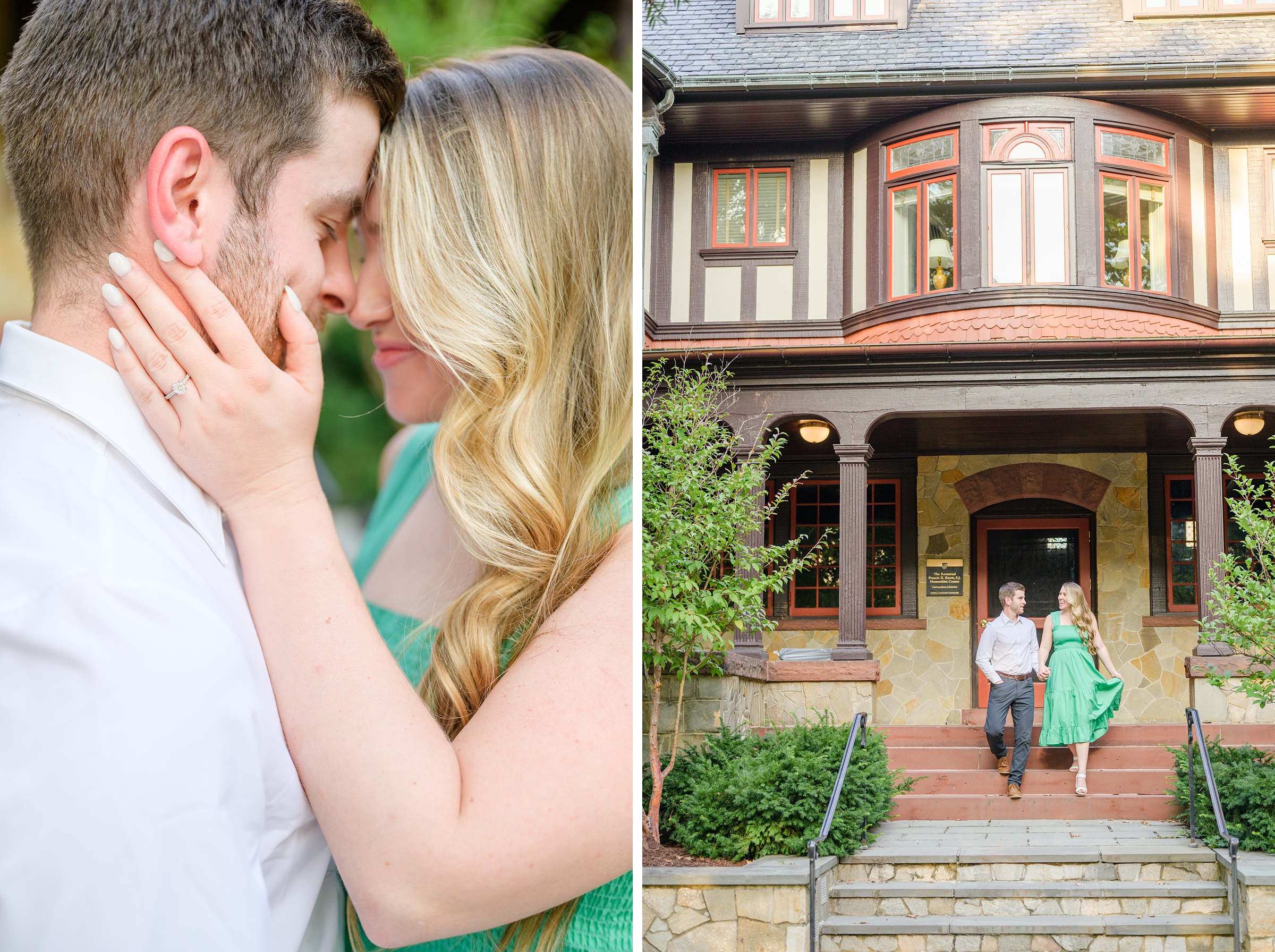 Engaged couple at the Loyola University Maryland campus for their summer engagement session in Baltimore, MD photographed by Baltimore Wedding Photographer Cait Kramer Photography