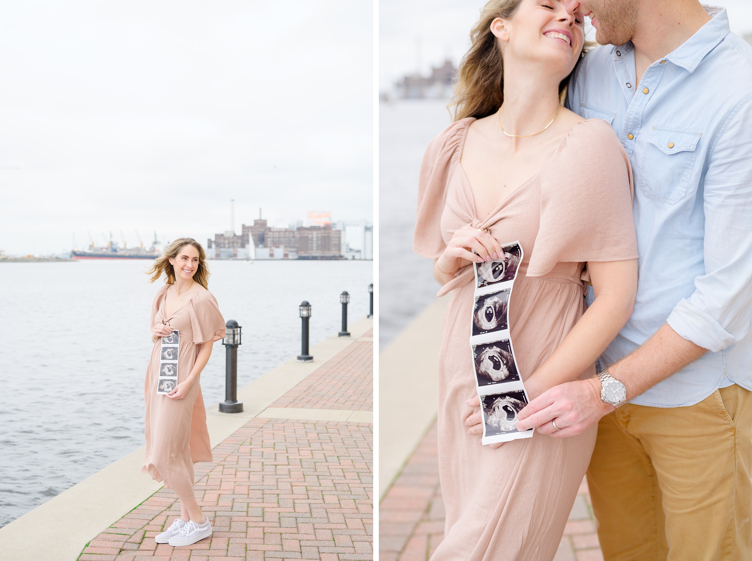 Pregnancy announcement photos at the Baltimore Inner Harbor photographed by Baltimore Maternity Photographer Cait Kramer.