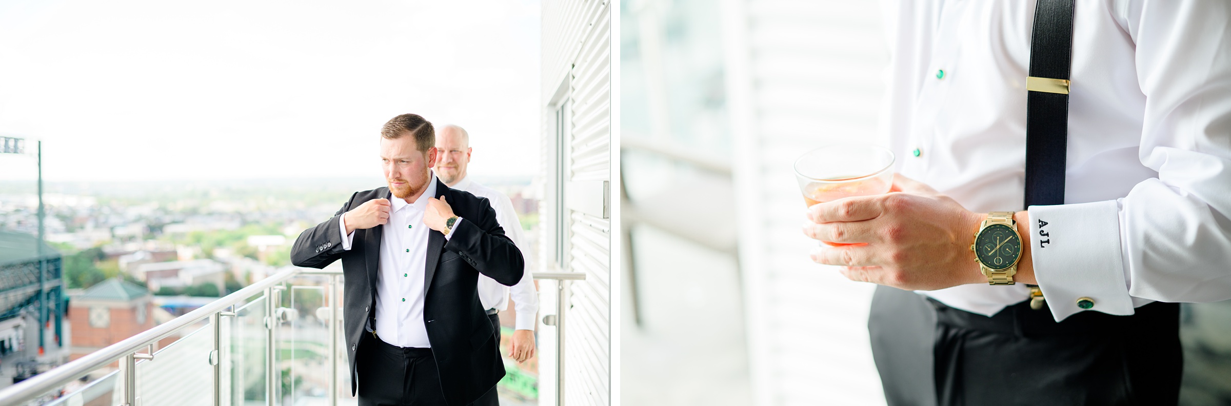 Groom getting ready at Oriole Park at Camden Yards Wedding photographed by Baltimore Wedding Photographer Cait Kramer.