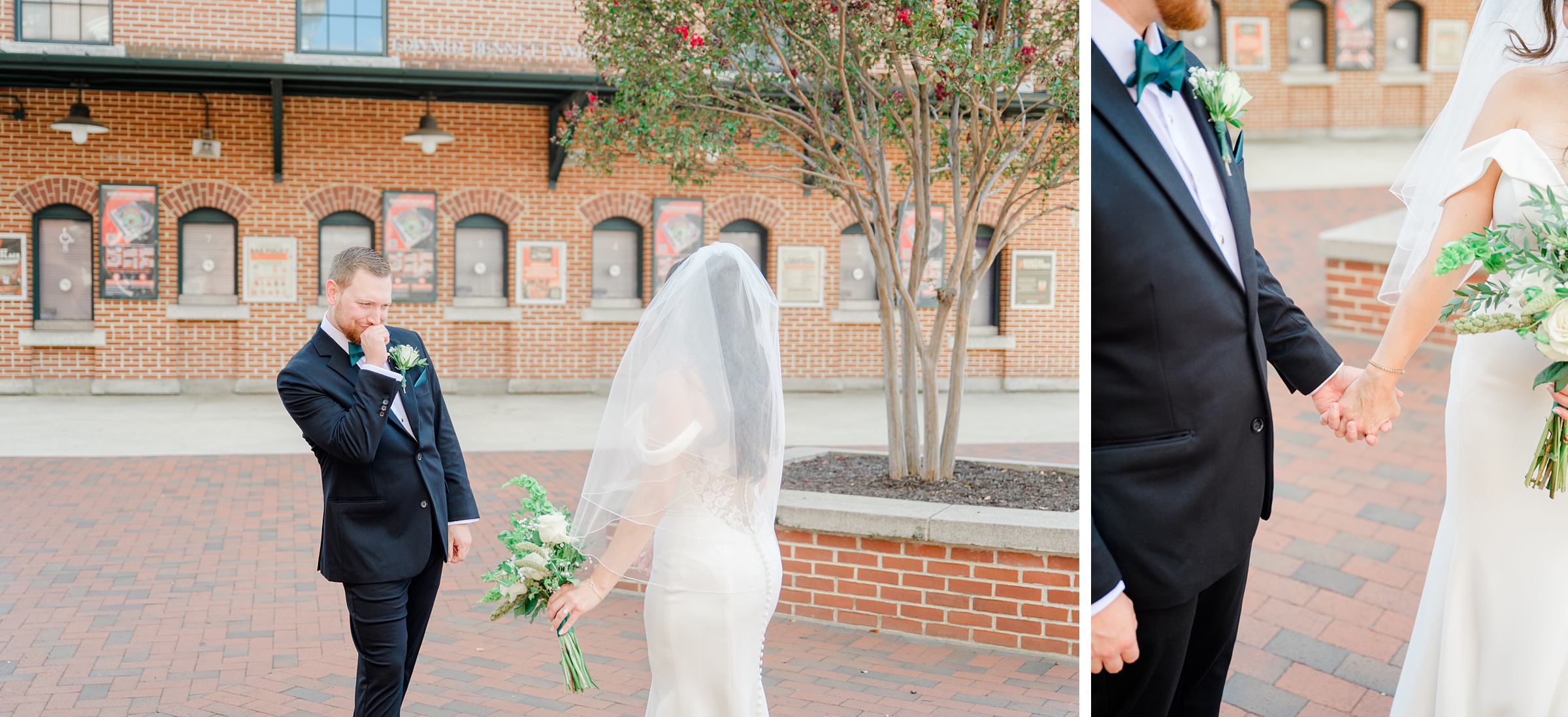 Bride and Groom first look at Oriole Park at Camden Yards Wedding photographed by Baltimore Wedding Photographer Cait Kramer.