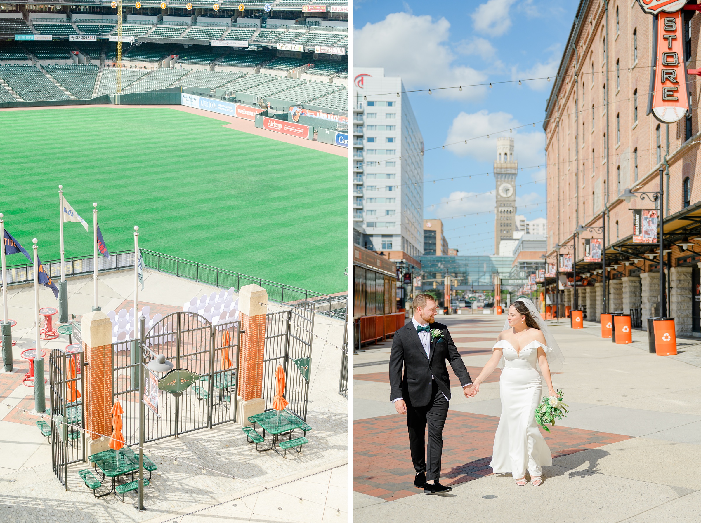 Bride and Groom portraits at Oriole Park at Camden Yards Wedding photographed by Baltimore Wedding Photographer Cait Kramer.
