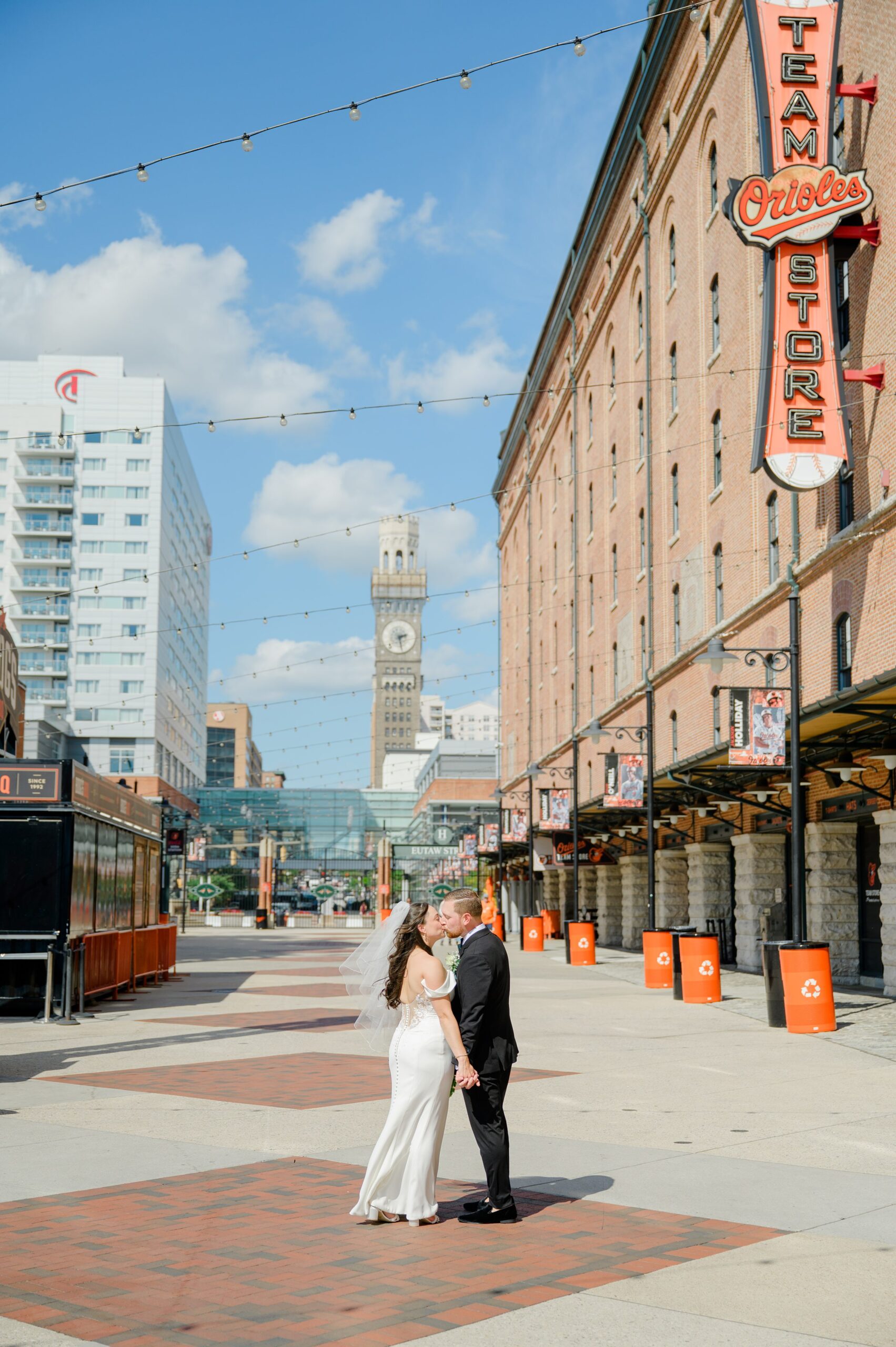 Bride and Groom portraits at Oriole Park at Camden Yards Wedding photographed by Baltimore Wedding Photographer Cait Kramer.