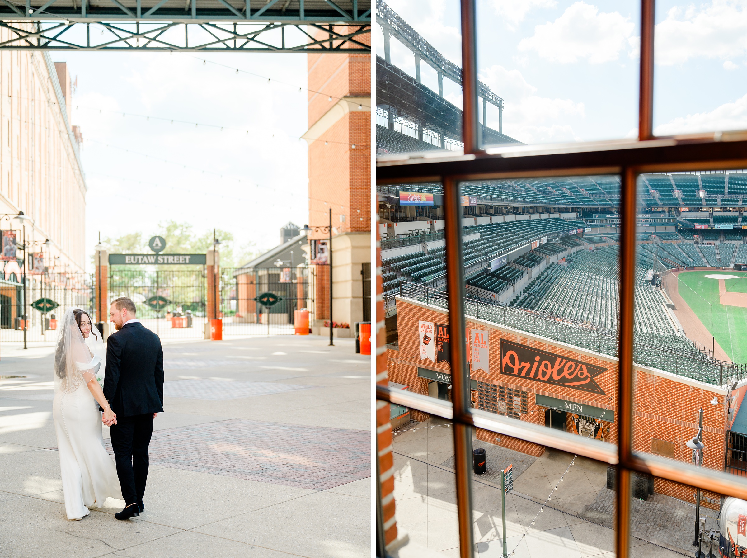 Bride and Groom portraits at Oriole Park at Camden Yards Wedding photographed by Baltimore Wedding Photographer Cait Kramer.