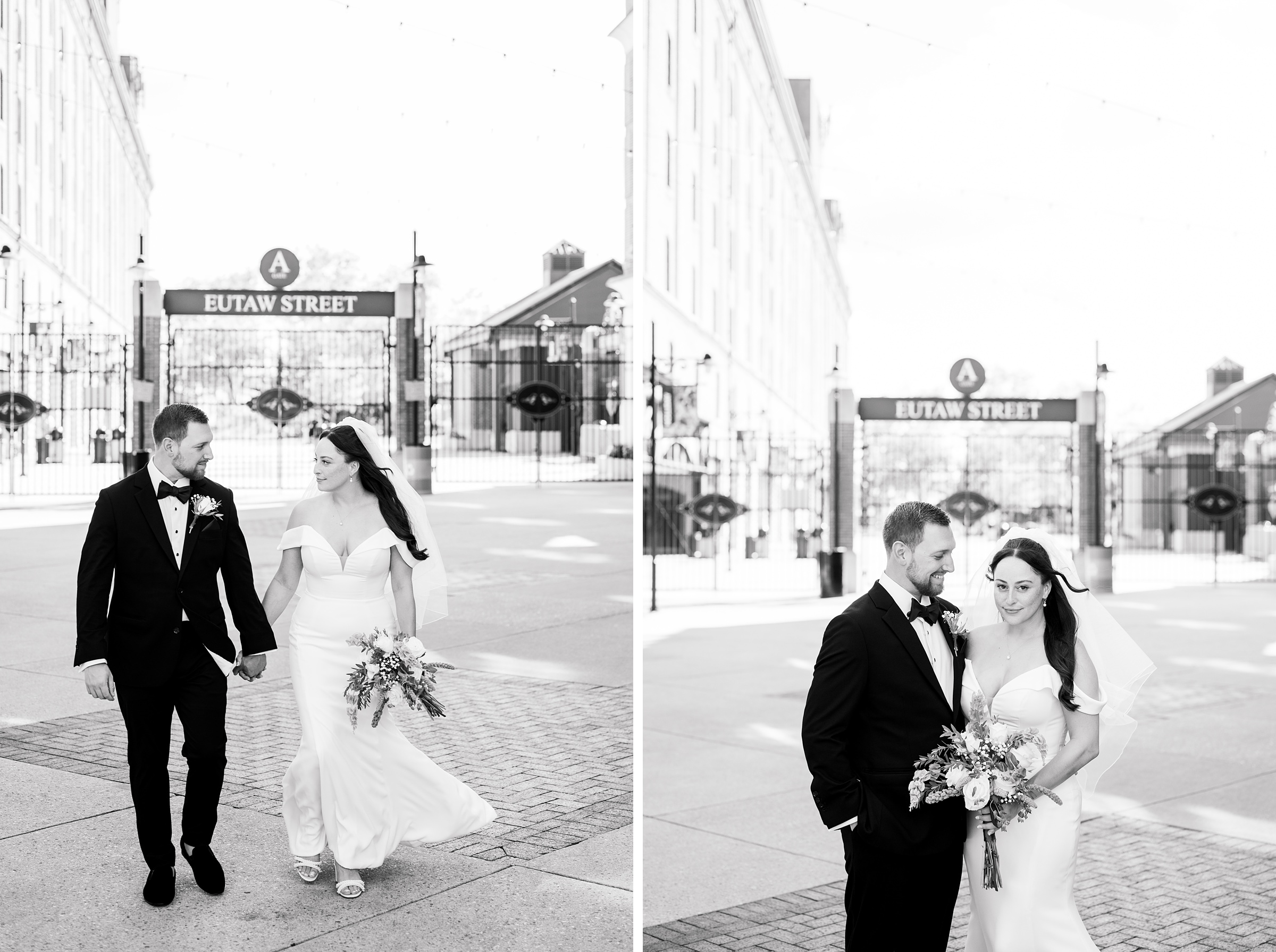 Bride and Groom portraits at Oriole Park at Camden Yards Wedding photographed by Baltimore Wedding Photographer Cait Kramer.