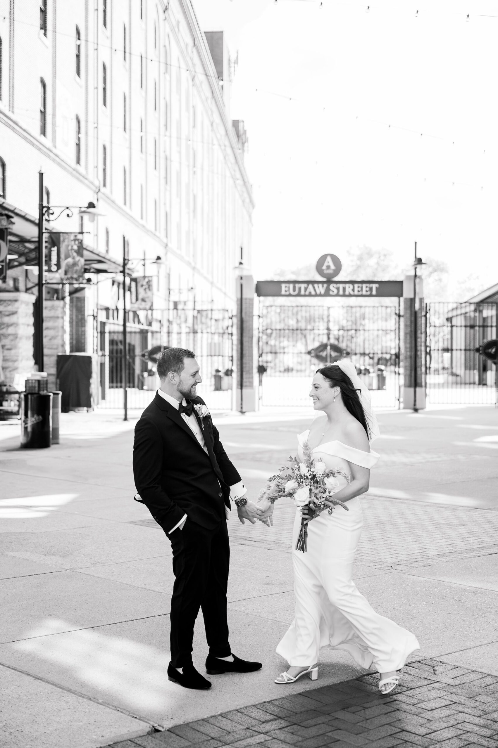 Bride and Groom portraits at Oriole Park at Camden Yards Wedding photographed by Baltimore Wedding Photographer Cait Kramer.