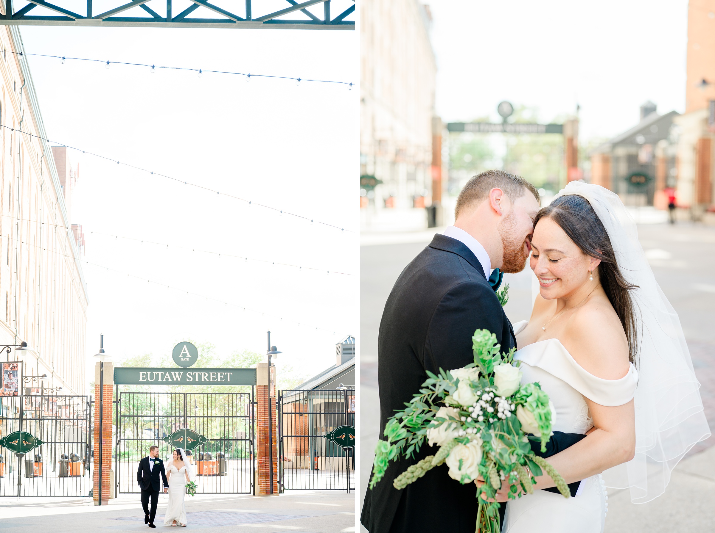 Bride and Groom portraits at Oriole Park at Camden Yards Wedding photographed by Baltimore Wedding Photographer Cait Kramer.