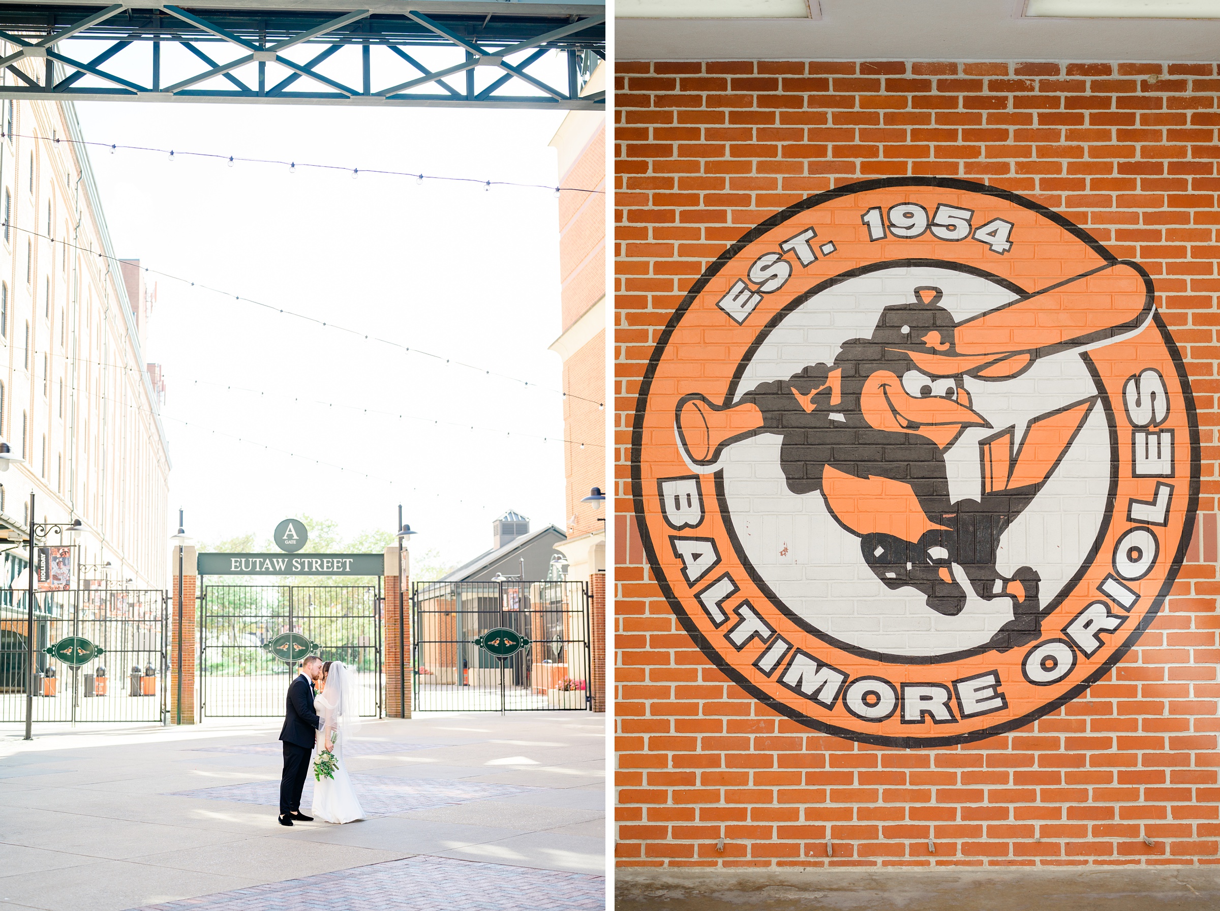 Bride and Groom portraits at Oriole Park at Camden Yards Wedding photographed by Baltimore Wedding Photographer Cait Kramer.