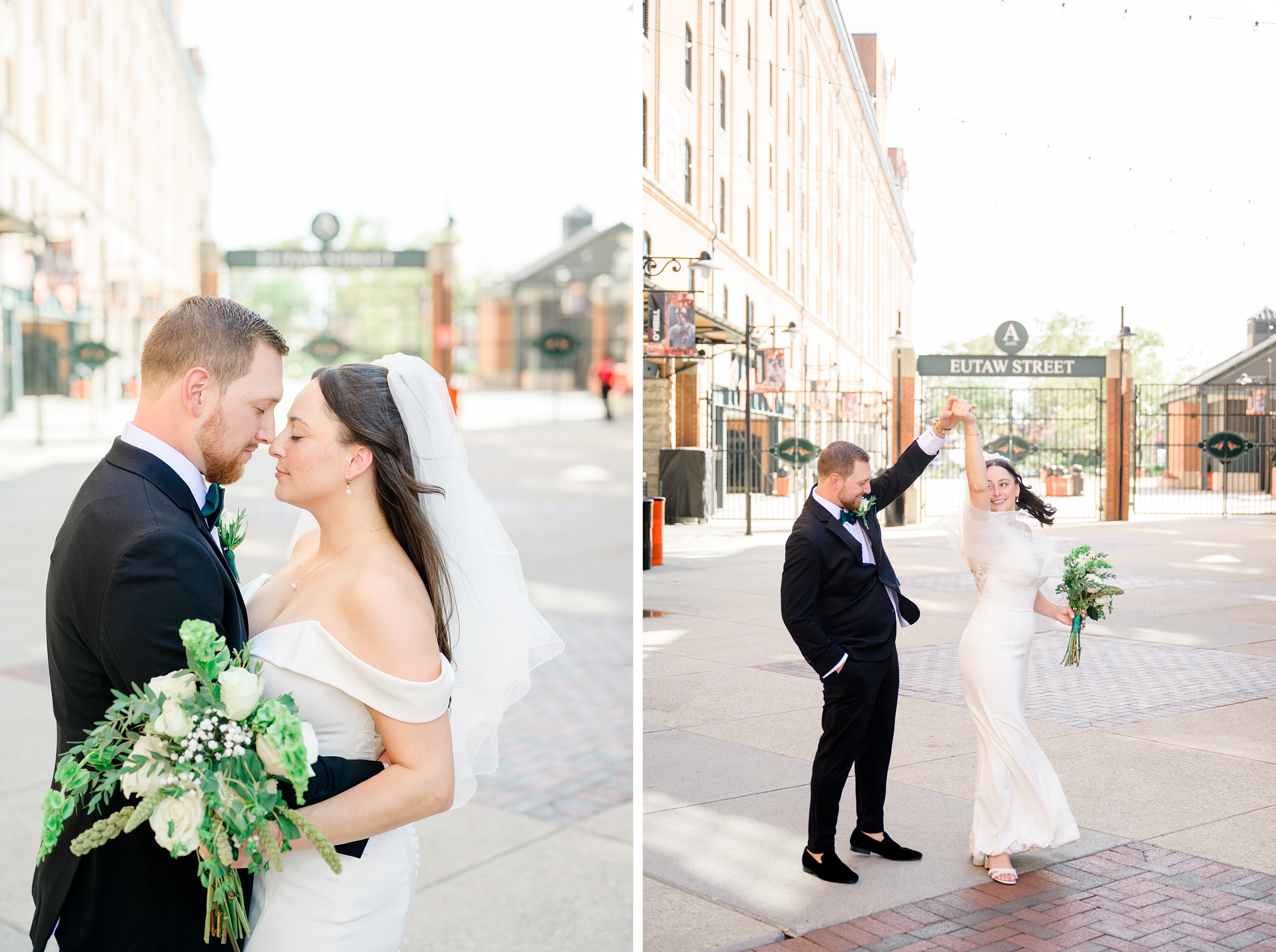 Bride and Groom portraits at Oriole Park at Camden Yards Wedding photographed by Baltimore Wedding Photographer Cait Kramer.