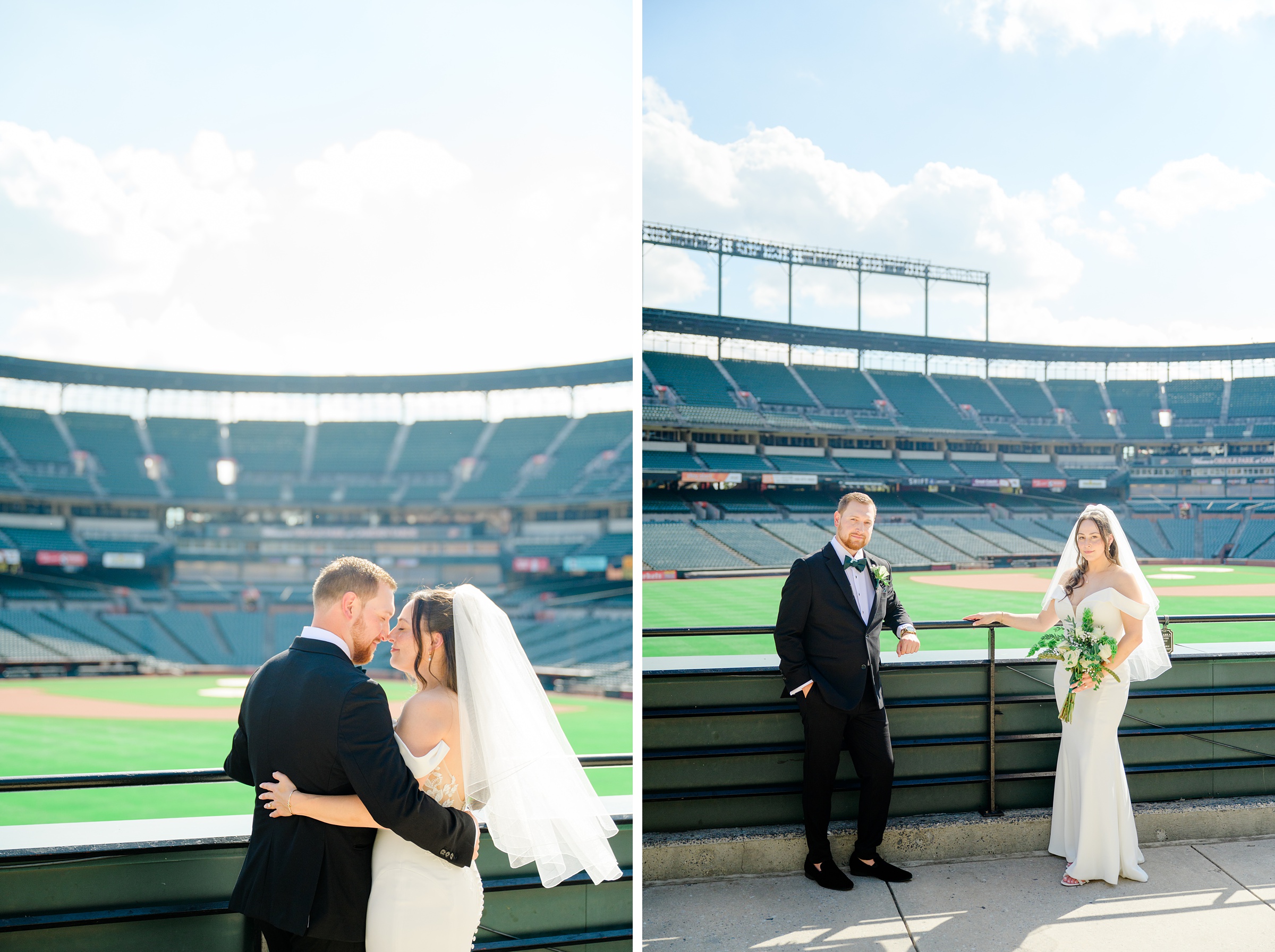 Bride and Groom portraits at Oriole Park at Camden Yards Wedding photographed by Baltimore Wedding Photographer Cait Kramer.