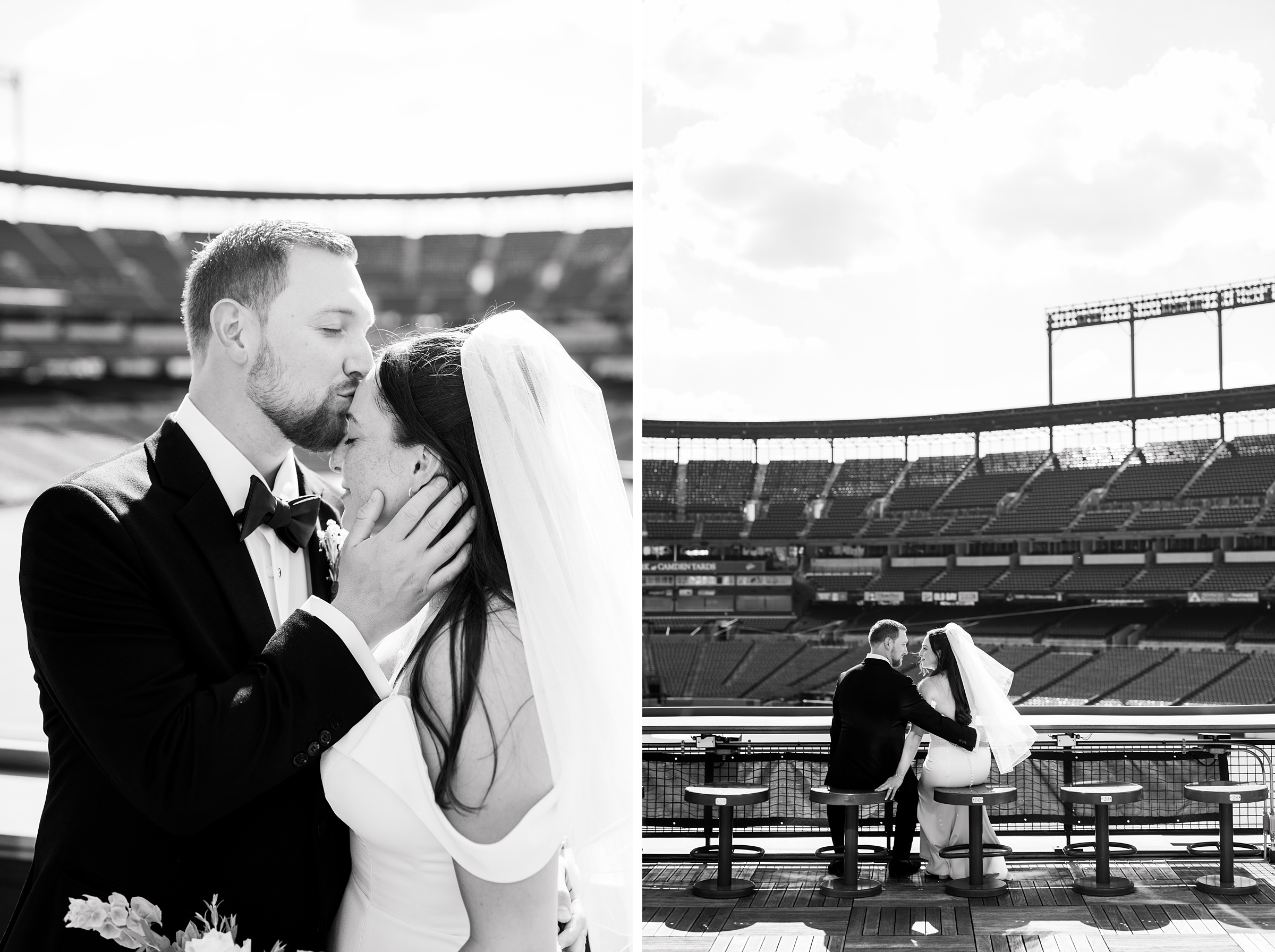 Bride and Groom portraits at Oriole Park at Camden Yards Wedding photographed by Baltimore Wedding Photographer Cait Kramer.