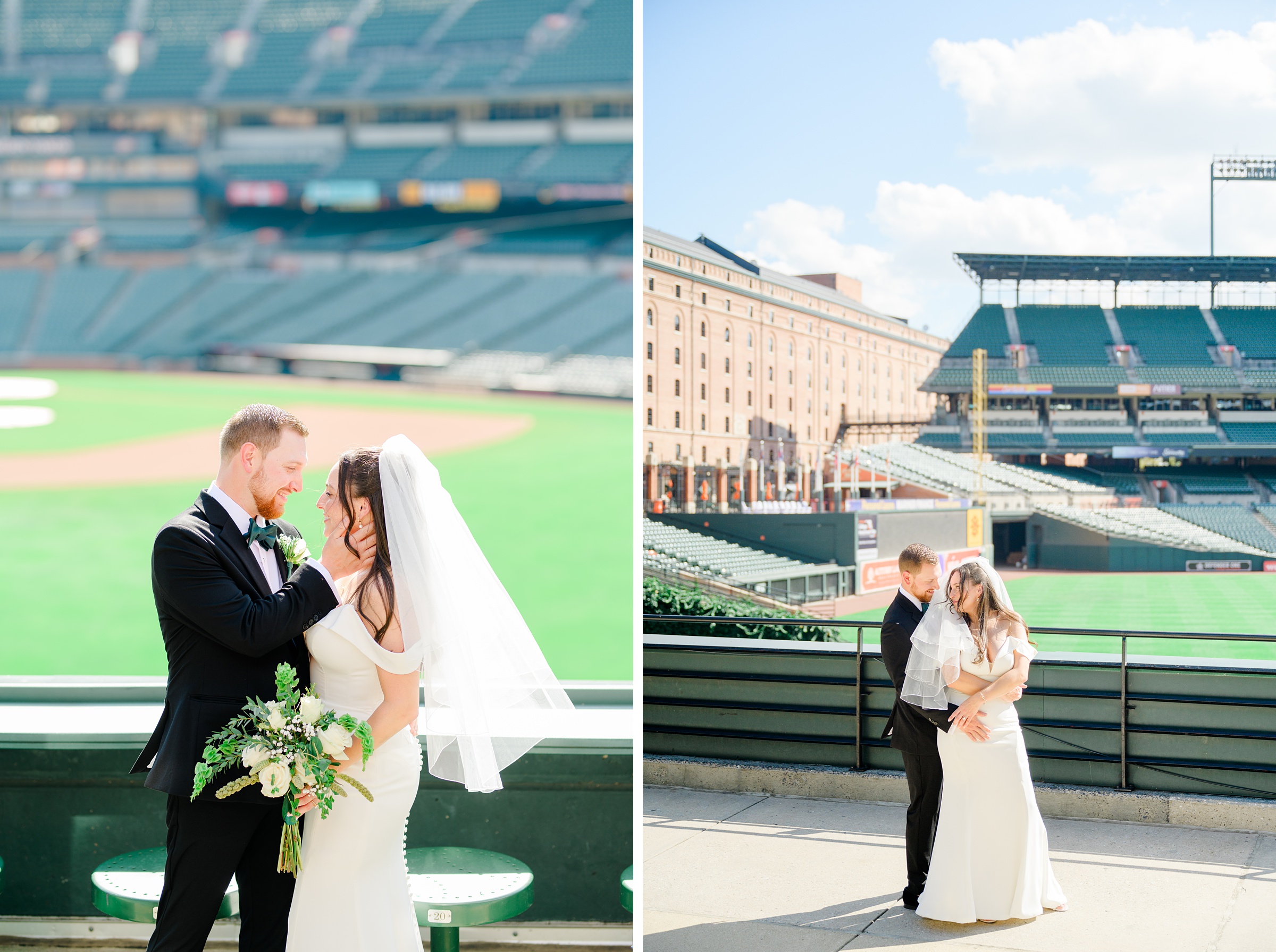 Bride and Groom portraits at Oriole Park at Camden Yards Wedding photographed by Baltimore Wedding Photographer Cait Kramer.