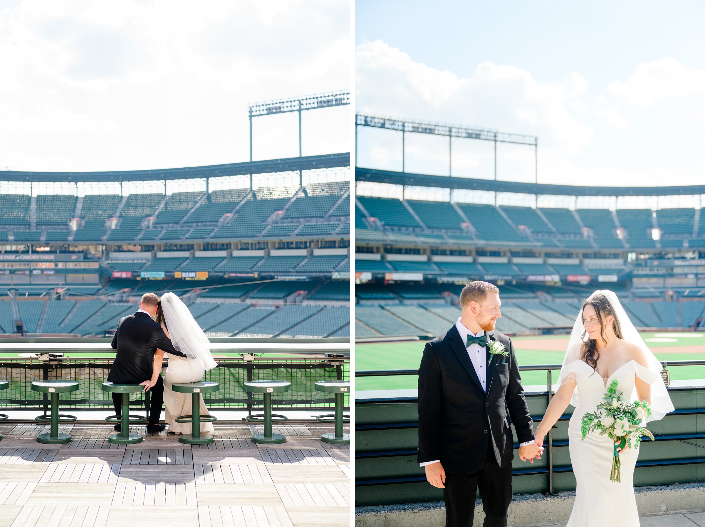 Bride and Groom portraits at Oriole Park at Camden Yards Wedding photographed by Baltimore Wedding Photographer Cait Kramer.