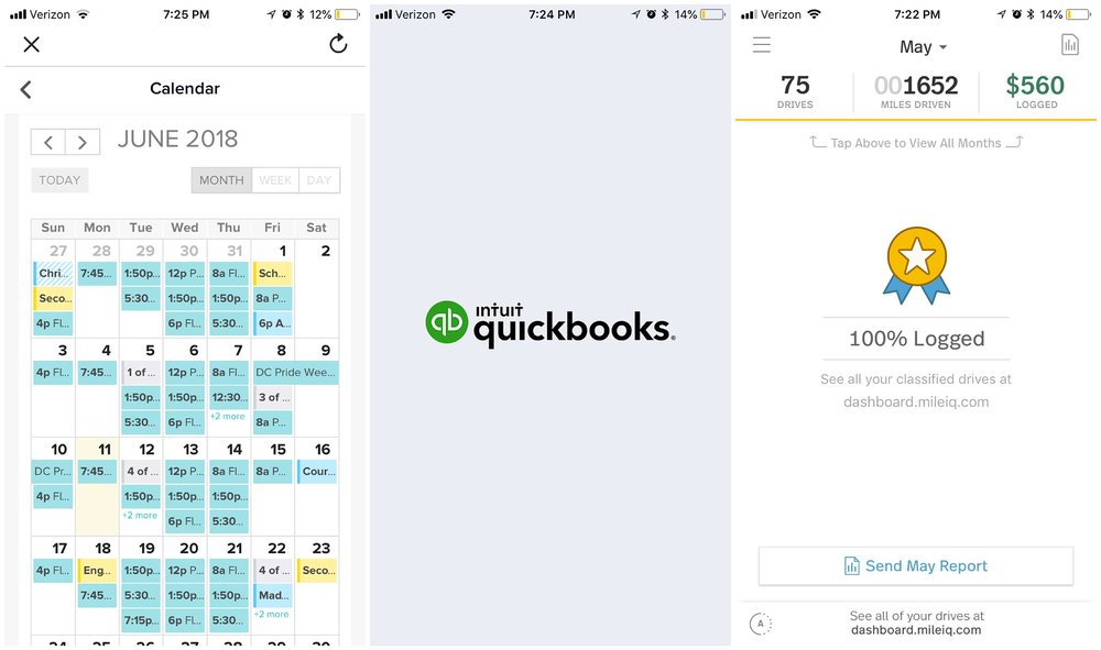  Left: my mobile Honeybook Calendar! Thank GOODNESS for their savvy color coding system that ALSO syncs with my Google Calendar. Center: I can't show too much of QuickBooks, but it is such a GEM of a tool to keep my finances organized! Right: This is what my screen looks like when I've cleared all of my drives!! It is SO satisfying to see all of your logged miles tick up to your monthly mileage total!  