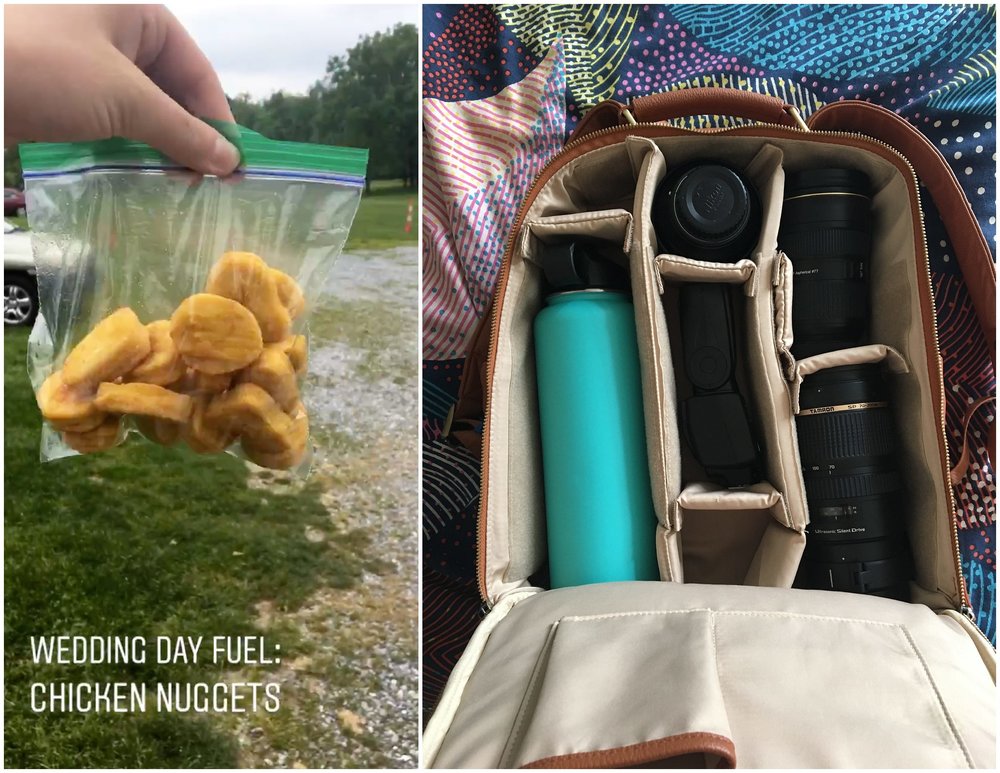  Left: My bag of wedding day fuel... yes I ate all of them. Right: my favorite bag, loaded up with all of my gear & my trusty water bottle! I swear by Hydroflask's 40 ounce water bottle!  