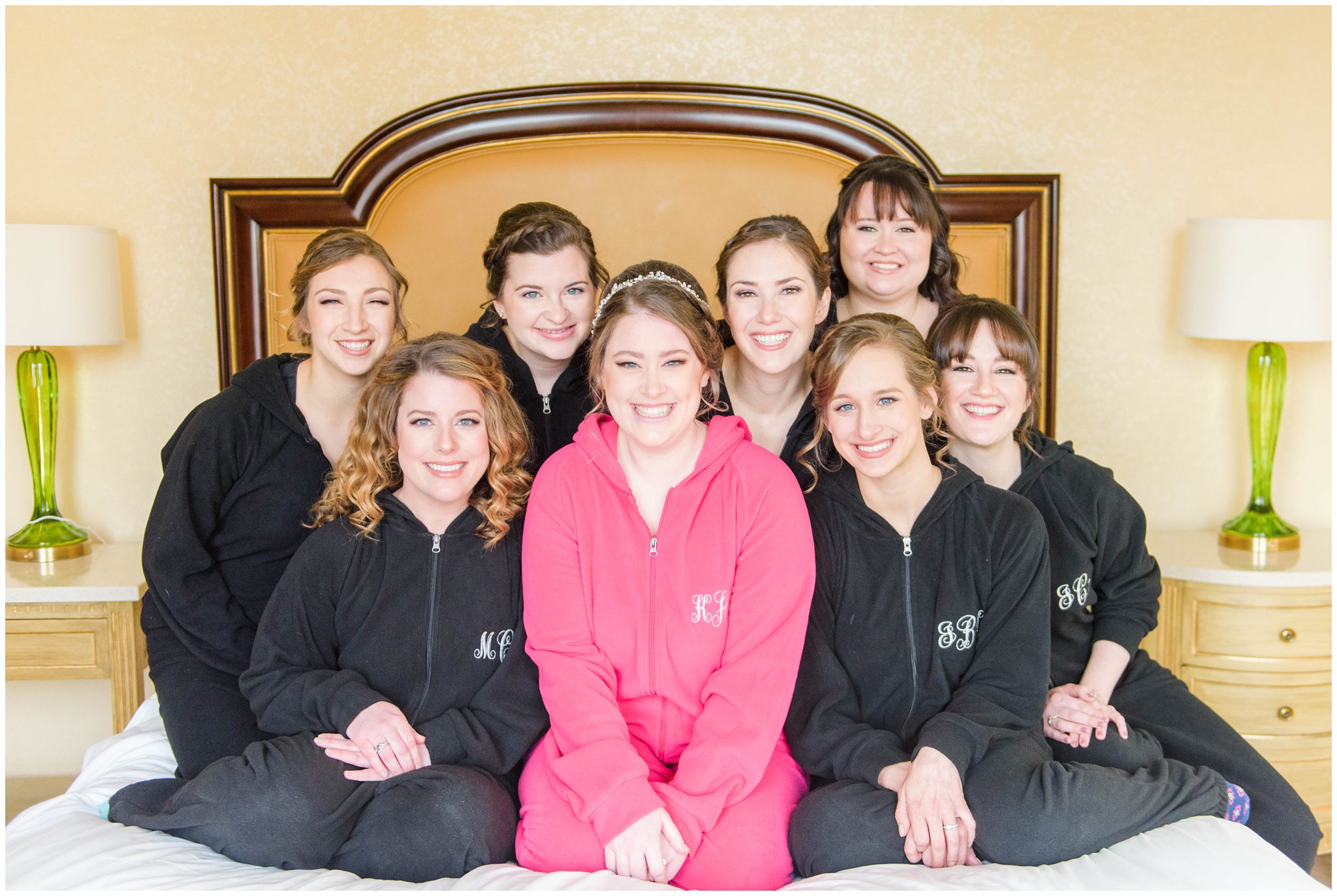 creative bridesmaids gift | black and pink monogrammed onesies