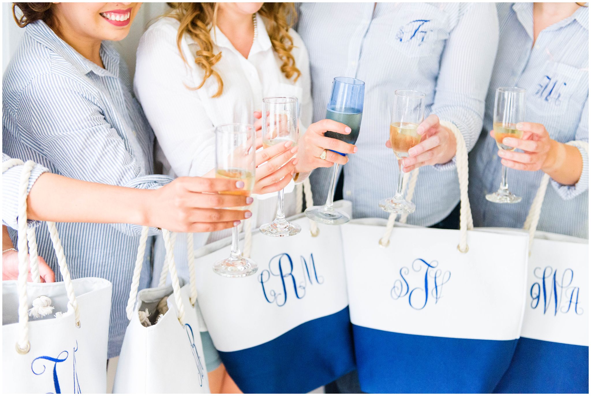 creative bridesmaids gift | navy and white nautical inspired monogrammed tote bags