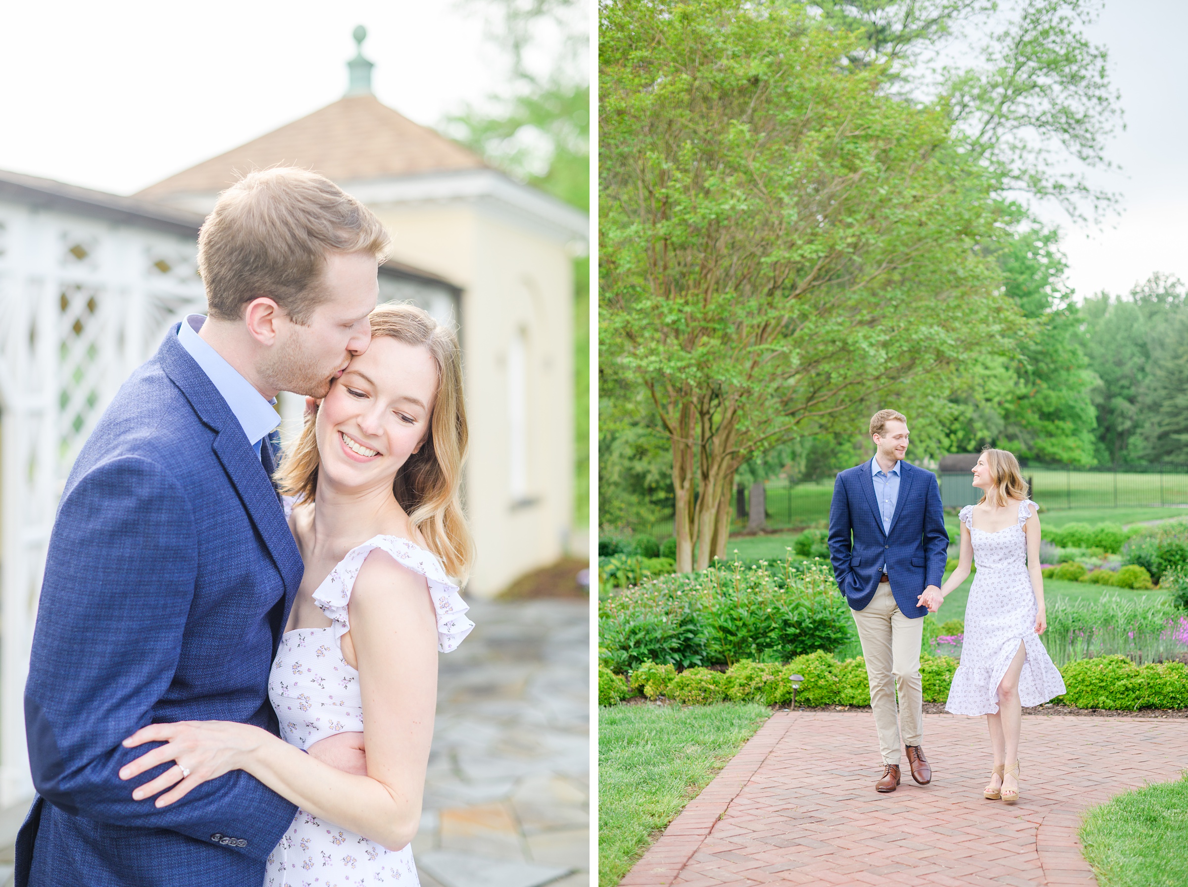 Engaged Couple smiles in the garden at Belmont Manor during a rainy sunset engagement photographed by Baltimore Wedding Photographer Cait Kramer