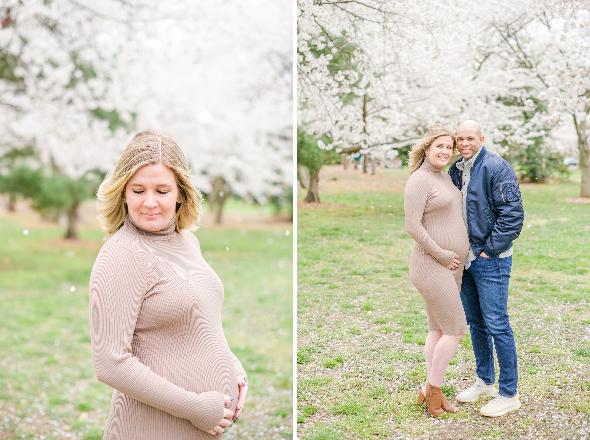 Mama and dad-to-be poses with her bump amongst the cherry blossoms at the Washington, DC Tidal Basin during a maternity session photographed by Cait Kramer Photography