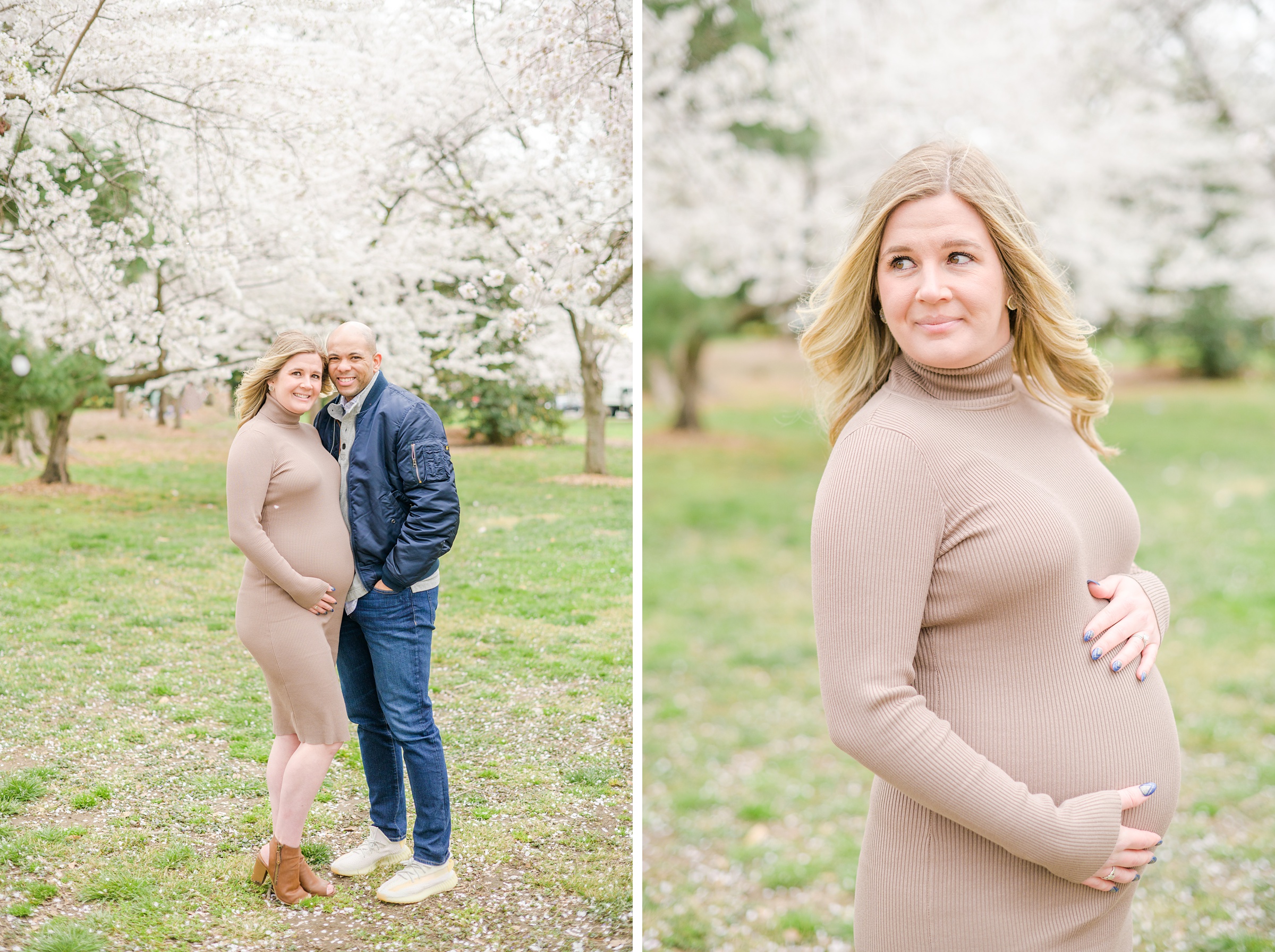 Mama and dad-to-be poses with her bump amongst the cherry blossoms at the Washington, DC Tidal Basin during a maternity session photographed by Cait Kramer Photography