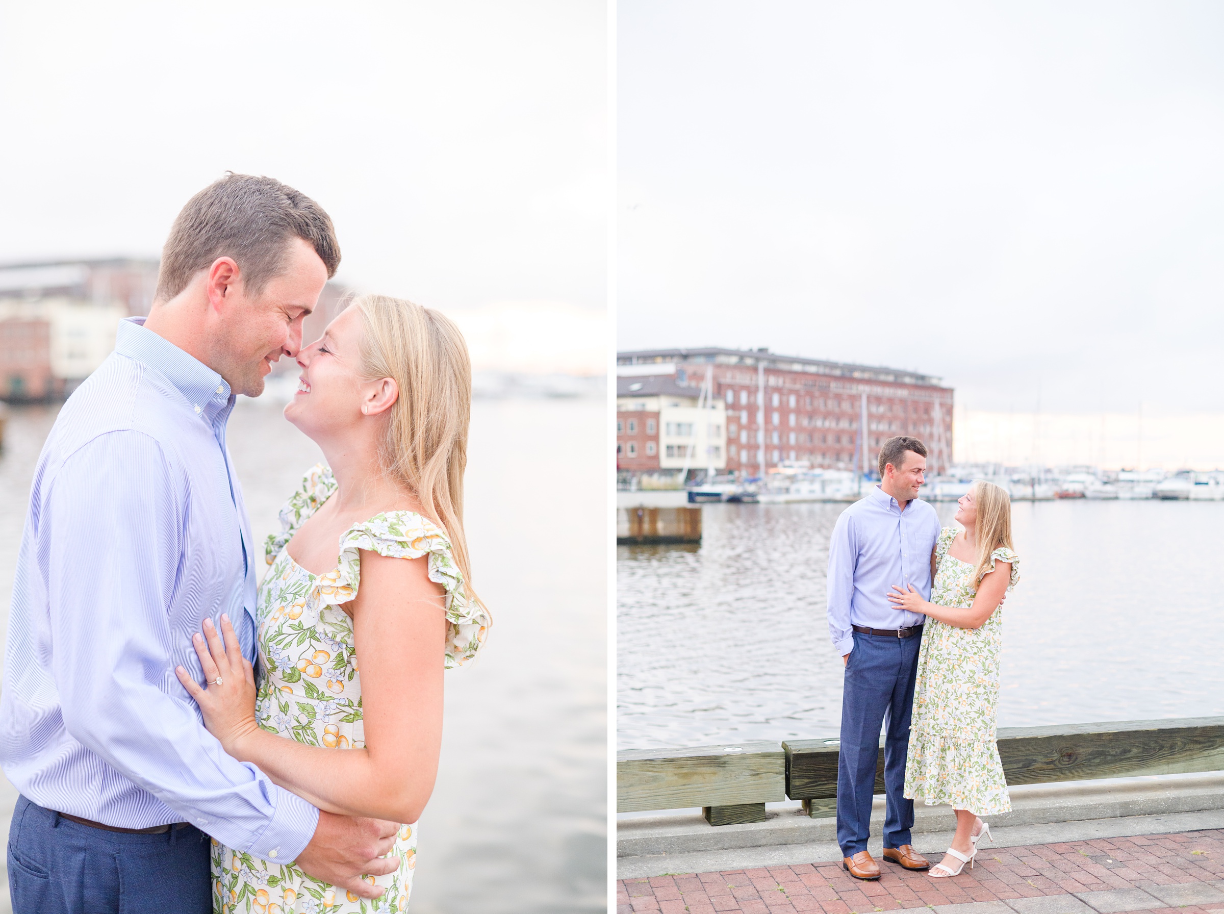 Couple poses on Broadway pier during Fells Point engagement session photographed by Baltimore wedding photographer Cait Kramer