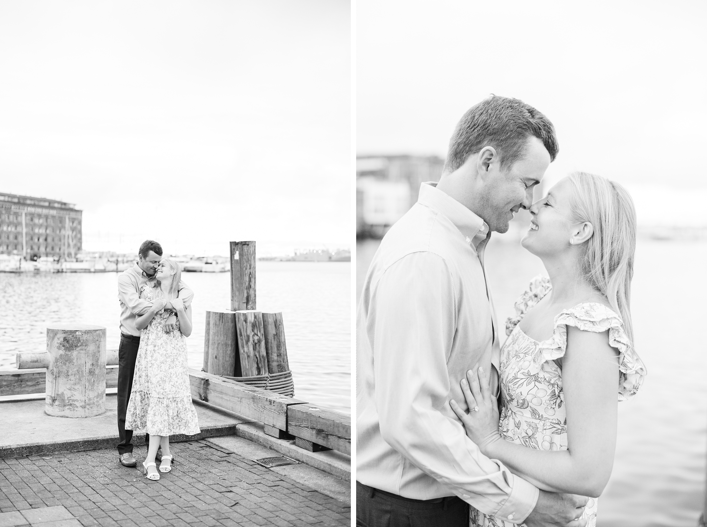 Couple poses on Broadway pier during Fells Point engagement session photographed by Baltimore wedding photographer Cait Kramer