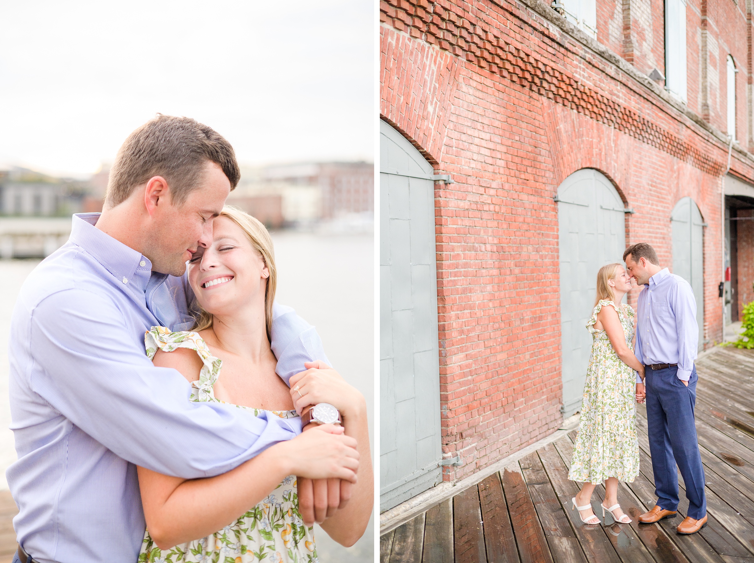 Couple poses near Henderson's Wharf during Fells Point engagement session photographed by Baltimore wedding photographer Cait Kramer