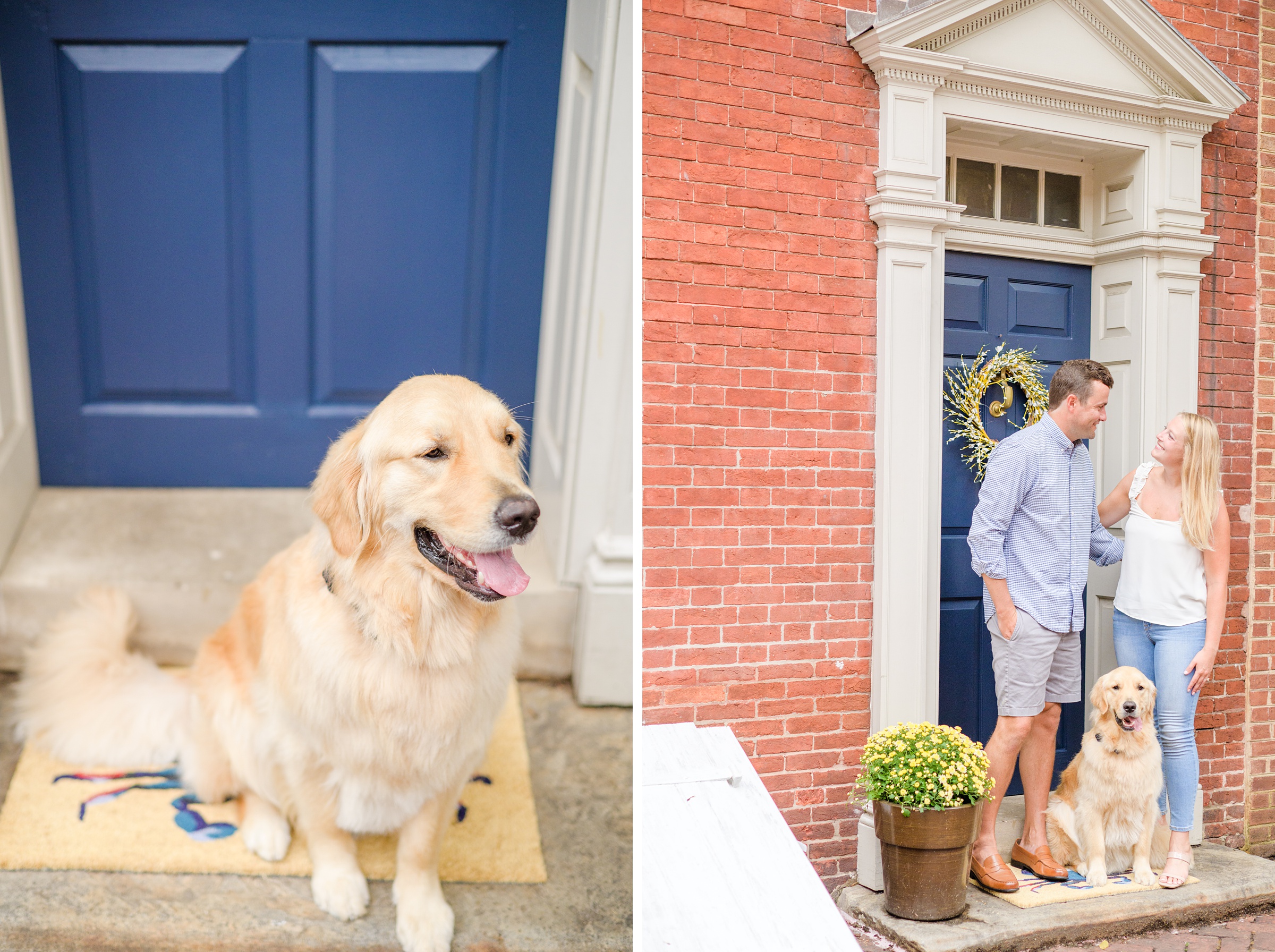 Couple poses on the front stoop of their row home with their dog during Fells Point engagement session photographed by Baltimore wedding photographer Cait Kramer