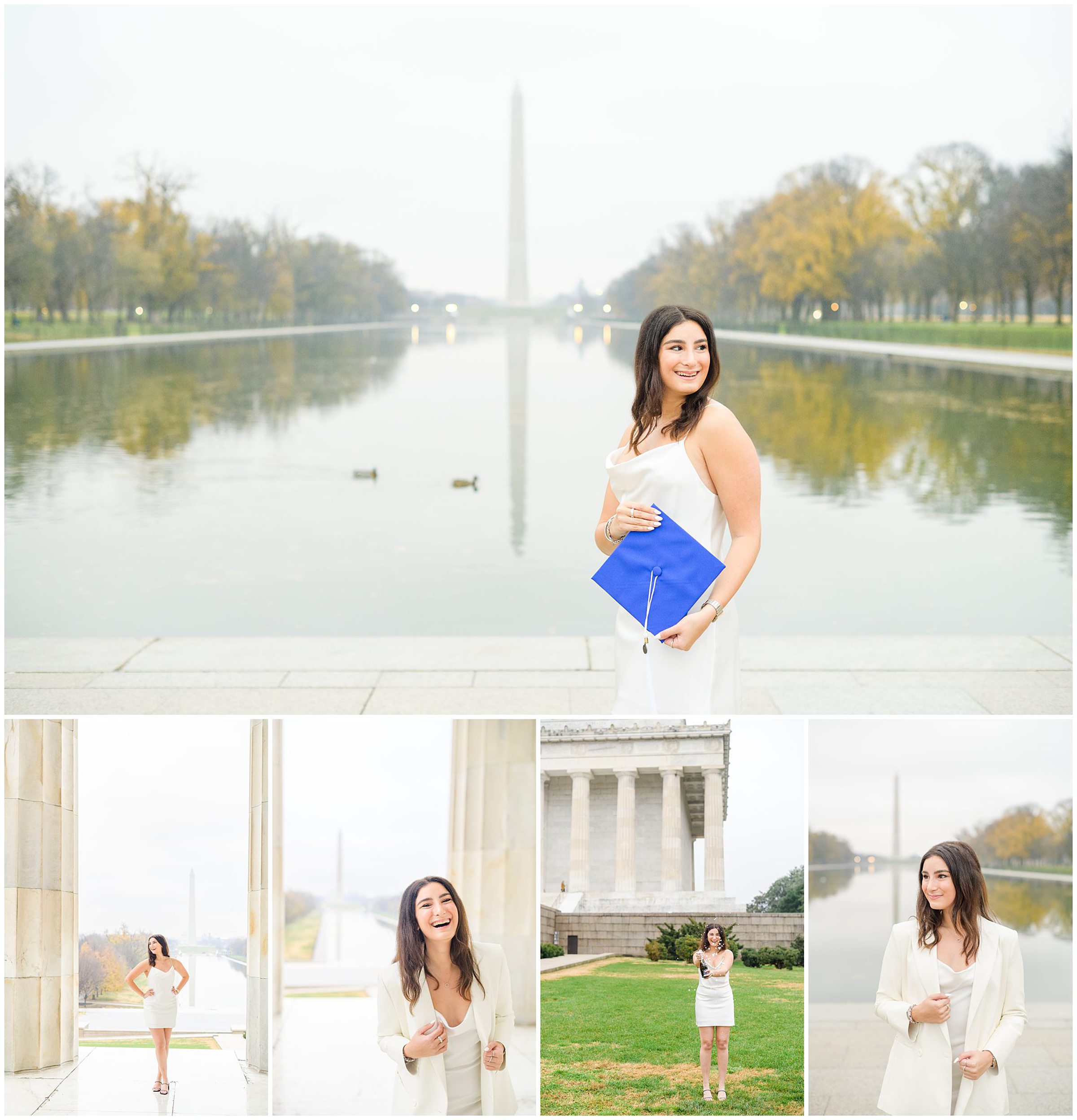 American University senior poses at the Lincoln Memorial in graduation attire during Washington DC Grad Session photographed by Cait Kramer