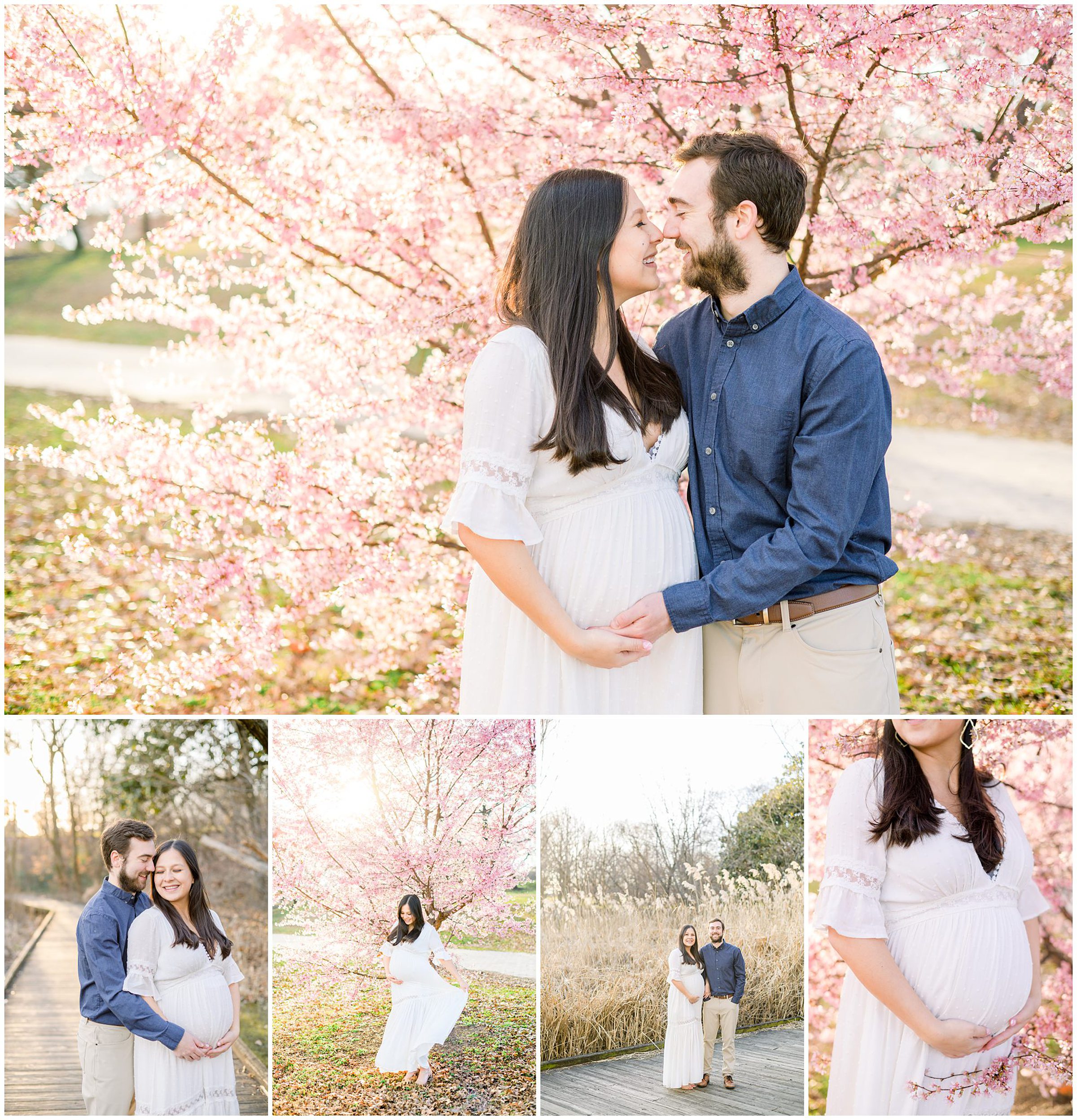 Abby and Nick's maternity photos in Patterson Park in Baltimore County featuring a stunning golden hour and beautiful pink trees.