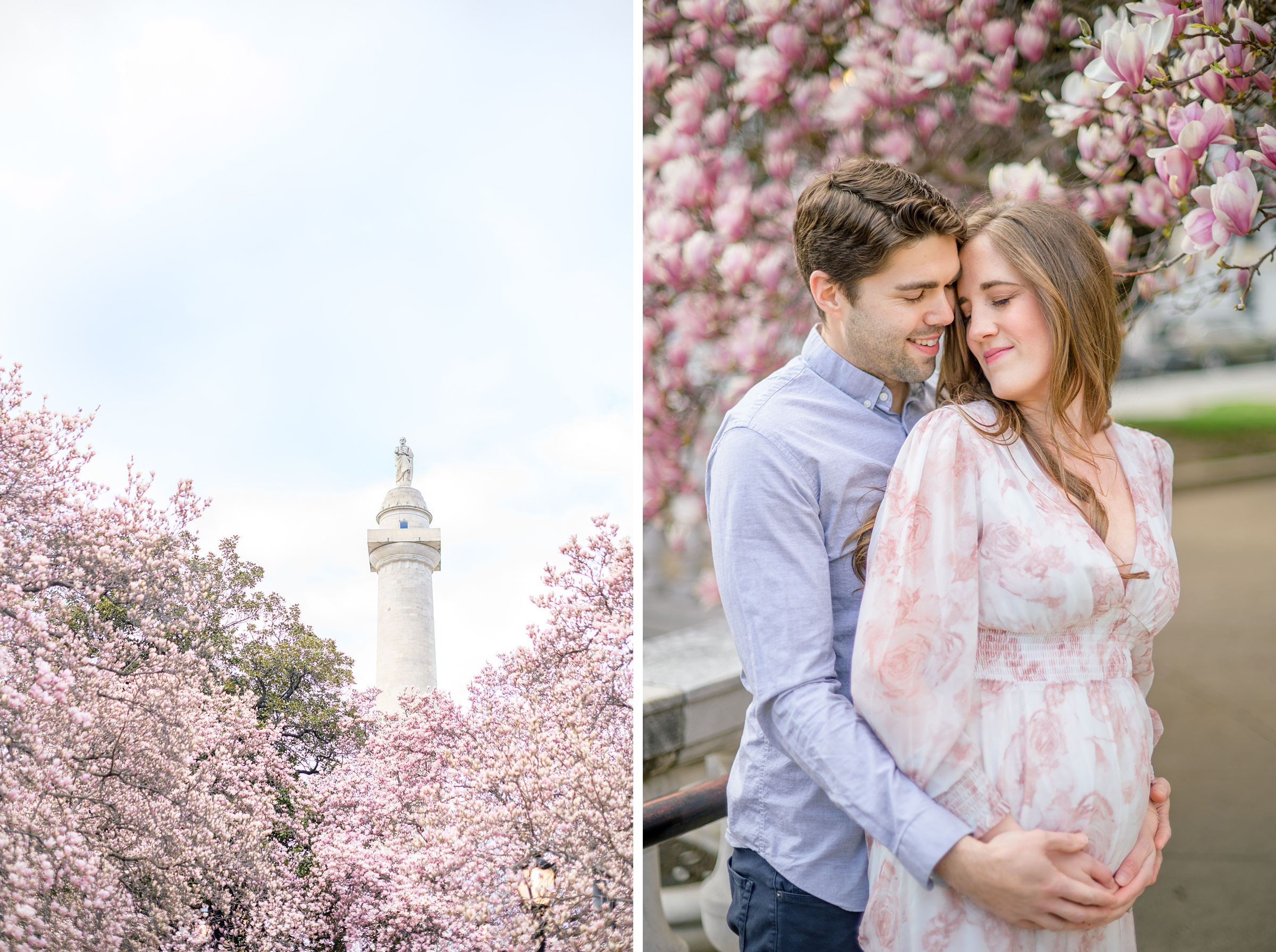 Meg and Sean's maternity photos in Baltimore featuring stunning pink magnolia trees by Baltimore Photographer Cait Kramer Photography