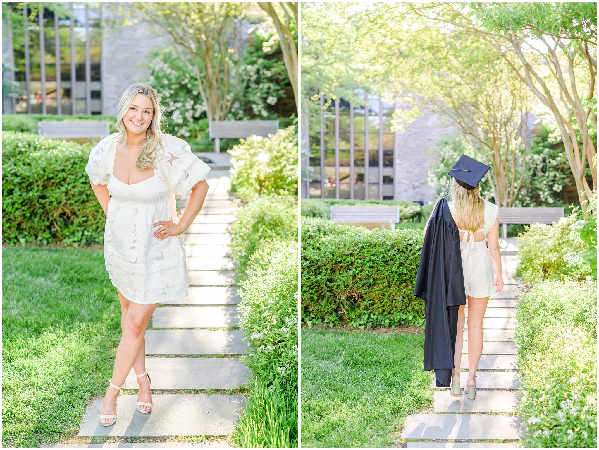 College graduate poses with her cap and gown in a garden photographed by Baltimore Photographer Cait Kramer