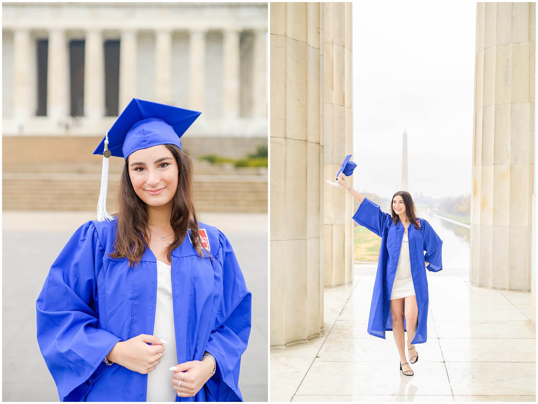 College graduate poses with cap and gown at the Lincoln Memorial photographed by Baltimore Photographer Cait Kramer