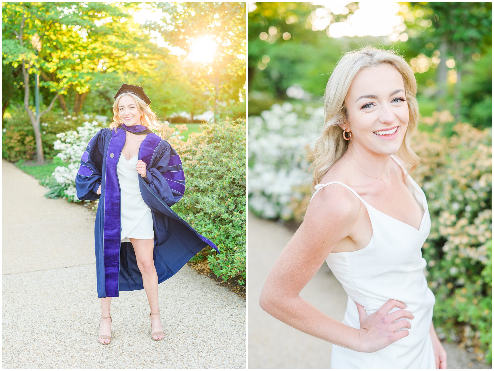 College graduate poses with cap and gown at a garden photographed by Baltimore Photographer Cait Kramer