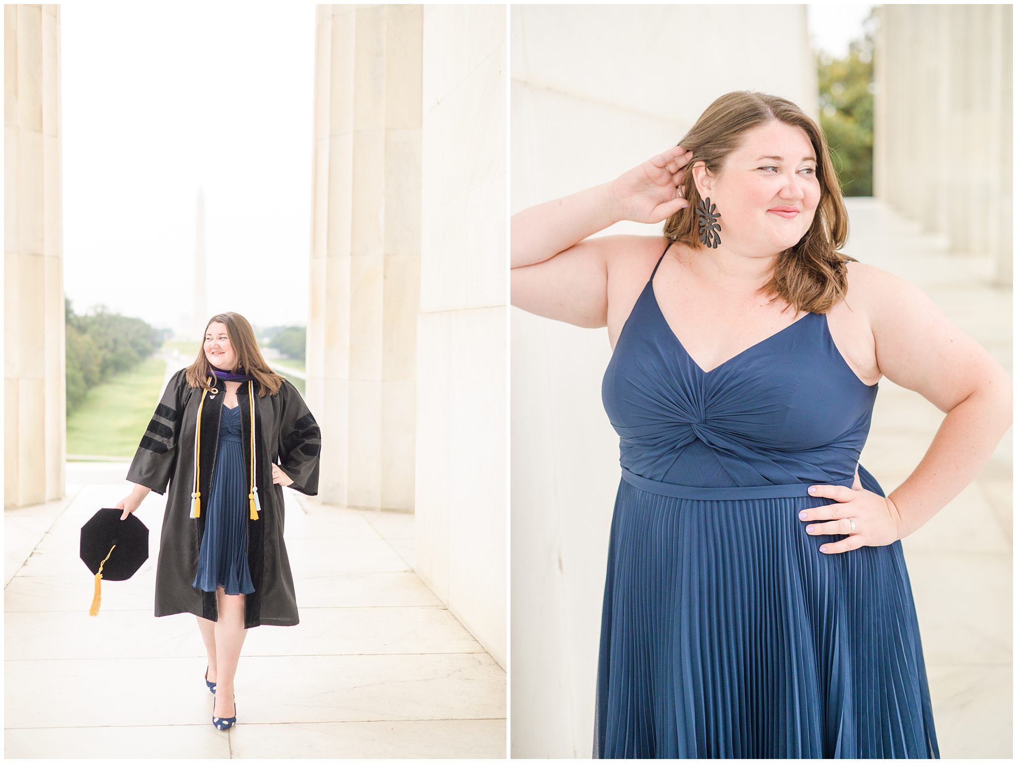 College graduate poses with cap and gown at the Lincoln Memorial photographed by Baltimore Photographer Cait Kramer