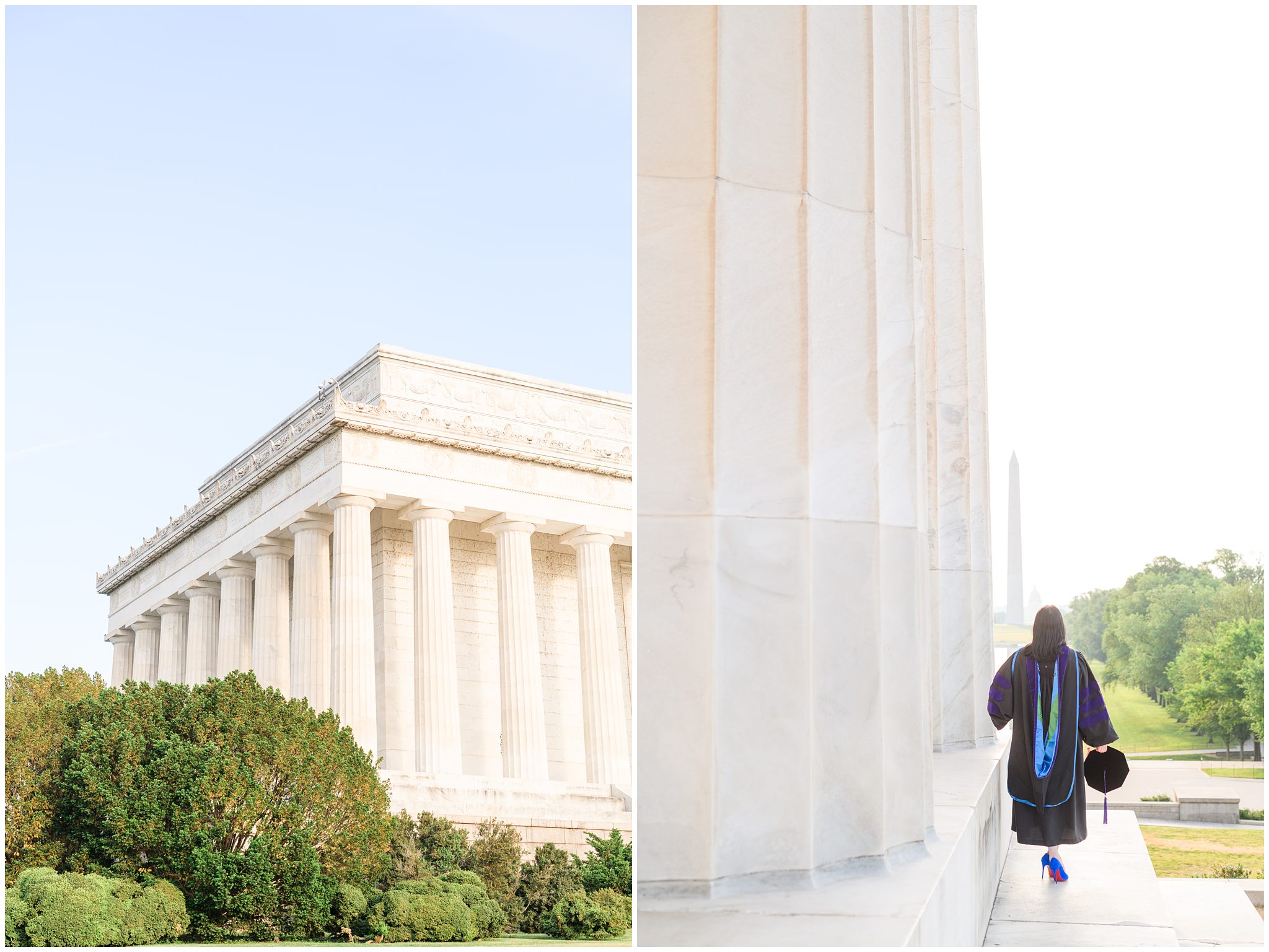 College graduate poses with cap and gown at the Lincoln Memorial photographed by Baltimore Photographer Cait Kramer