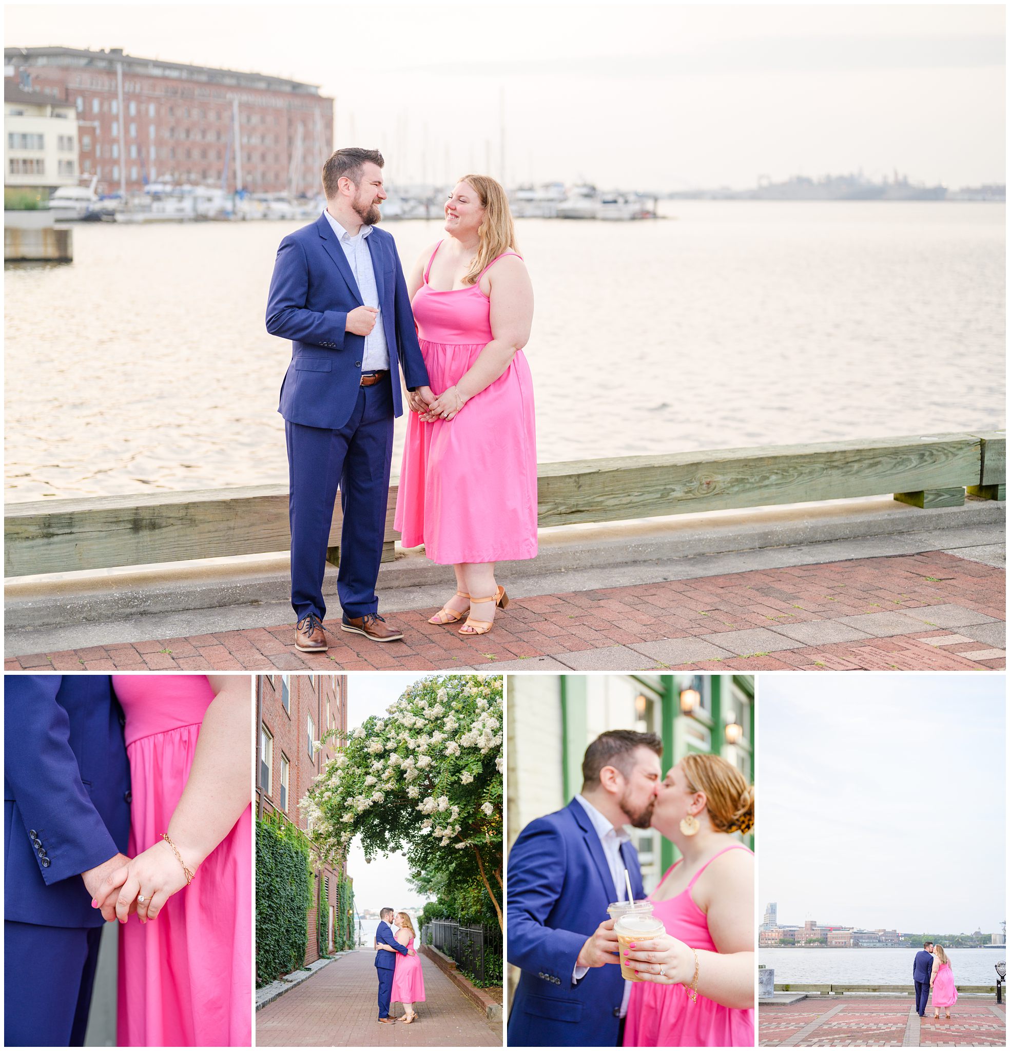 Engaged couple at Fells Point Waterfront for their sunrise engagement session in Baltimore, Maryland photographed by Baltimore Wedding Photographer Cait Kramer Photography.