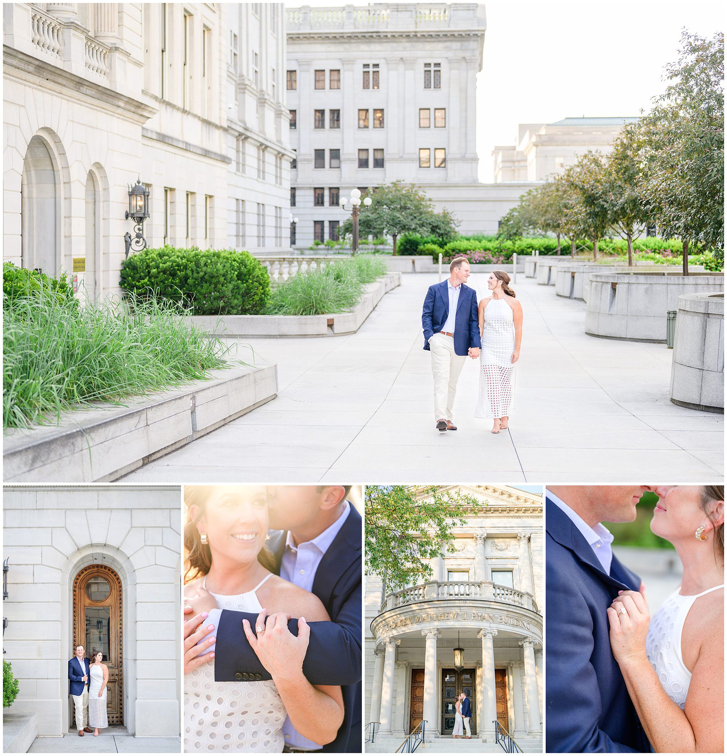 Engaged couple at the Pennsylvania State Capitol for their summer engagement session photographed by Baltimore Wedding Photographer Cait Kramer Photography.