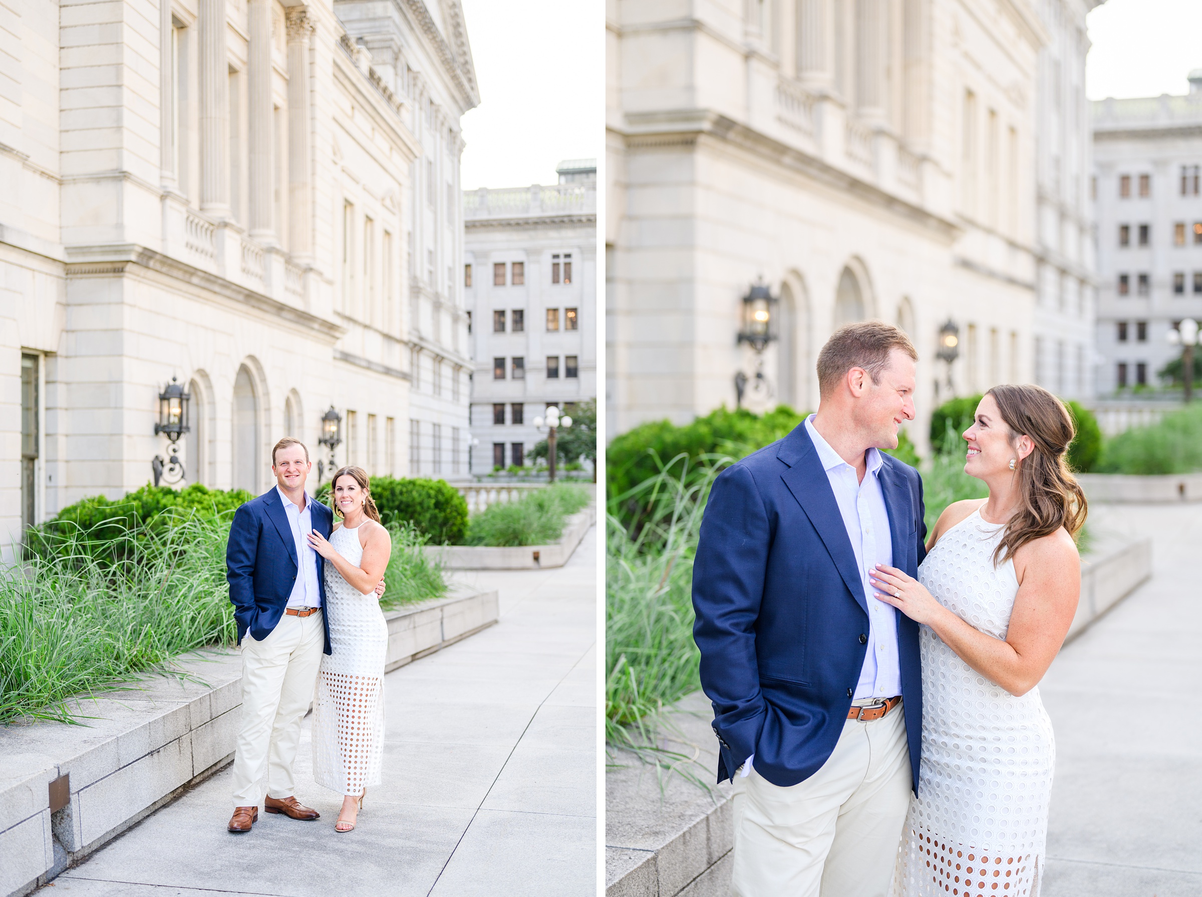 Engaged couple at the Pennsylvania State Capitol for their summer engagement session photographed by Baltimore Wedding Photographer Cait Kramer Photography.