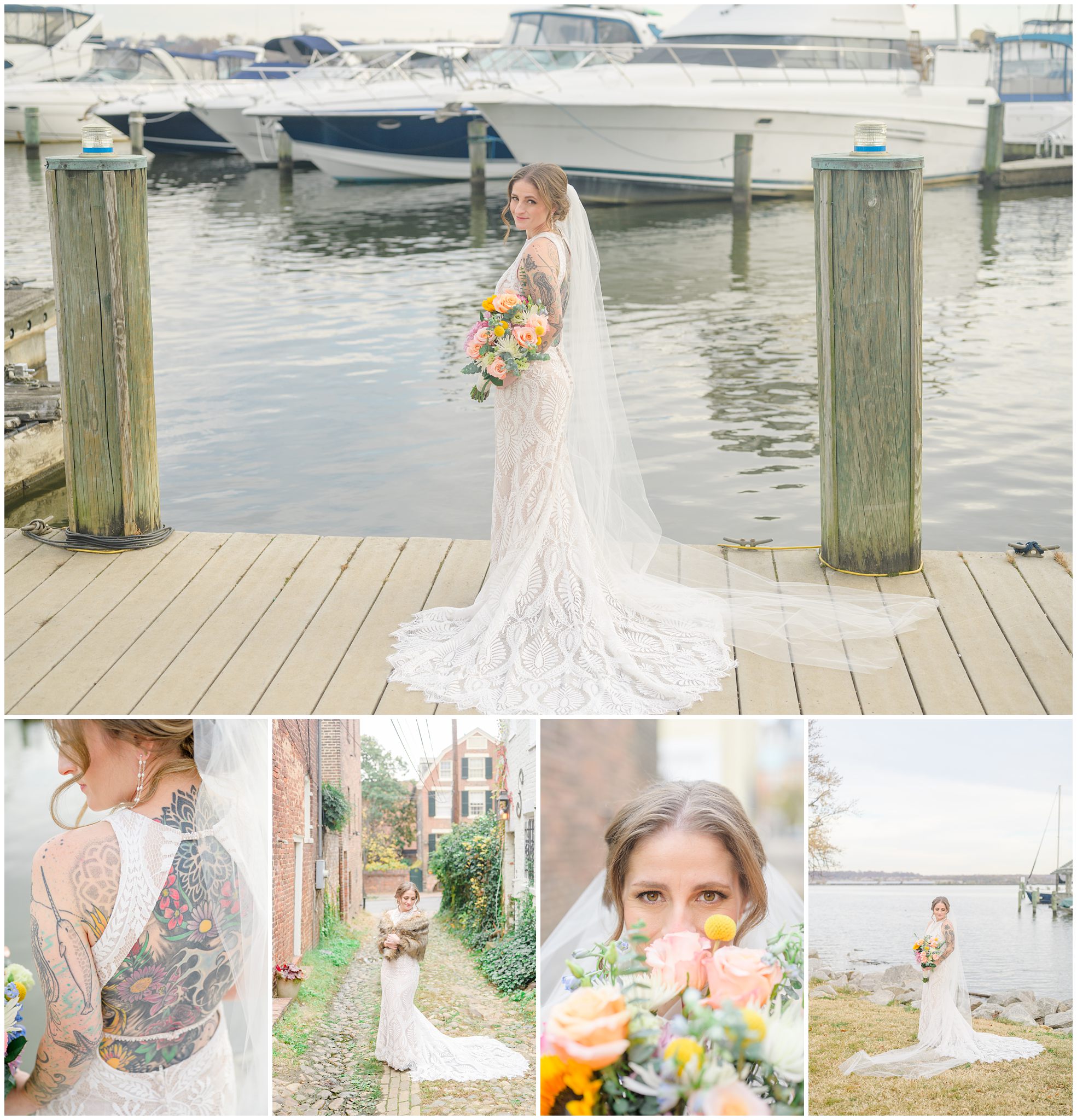 Bridal session by the waterfront in Old Town Alexandria photographed by Maryland and Virginia Bridal Portrait Photographer Cait Kramer.